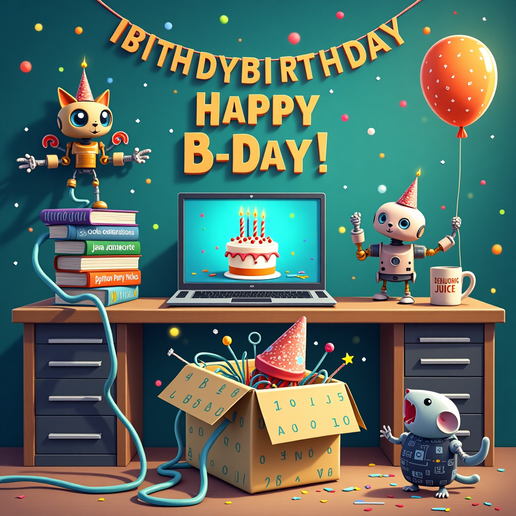 In this humorous and vibrant birthday card scene, we find ourselves in a whimsical tech developer's office, bursting with quirky elements that tell a playful story. The centerpiece is a large, half-opened birthday gift box on the floor, decorated with binary code wrapping paper in alternating shades of blue and green. Poking out of the box are various tech gadgets and cables tangled like party streamers, each sporting a tiny party hat perched at a jaunty angle. A sleek laptop sits on a desk, its screen displaying an animated birthday cake with pixelated candles flickering merrily. Nearby, a trio of programming books—titled "Code Celebrations," "Java Jamboree," and "Python Party Tricks"—are stacked like a birthday cake, complete with a cherry-topped cupcake perched on top. Hanging from the ceiling, an elaborate garland made of circuit boards and colorful LED lights forms the words "Happy B-Day!" In the background, a pair of robot arms emerge from the wall, one holding a birthday balloon printed with lines of code, while the other offers a steaming mug labeled "DEBUGGING JUICE." A playful robotic cat, with a motherboard-patterned fur coat, purrs contentedly on the desk, batting at a mouse (the computer kind, of course) decorated with tiny confetti. This scene combines the worlds of tech and birthday celebrations into a quirky tableau that's sure to delight any developer on their special day.
Generated with these themes: developer tech.
Made with ❤️ by AI.
