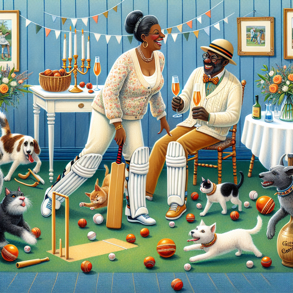 Create a whimsical illustration that commemorates an anniversary, featuring a Black woman and a Hispanic man engaged in a jovial game of cricket amidst their dogs and cats. The scene is filled with playful chaos, including cricket balls and bats scattered all over, and pets taking part in the game. Add humorous details like a cat fervently pursuing a cricket ball, or a dog fetching a wicket. Set in the background, paint a table holding a bottle of gin and a pair of glasses, waiting for the couple and adding a touch of merriment to this delightful scene.
Generated with these themes: Playing cricket , Gin, and Cats and dogs .
Made with ❤️ by AI.