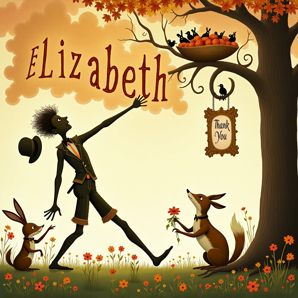 The scene is set in a whimsical, enchanted forest clearing, where a tall, lanky man with elongated arms and legs stretches out in a pose reminiscent of Leonardo da Vinci's Vitruvian Man, blending the classic elegance of Norman Rockwell's figures with the playful nature of Quentin Blake's illustrations. The man's silhouette is crafted from a patchwork of autumn leaves, each leaf depicting intricate linework reminiscent of Aubrey Beardsley's style, giving his figure an organic, natural texture. Surrounding him are friendly woodland creatures inspired by the imaginative worlds of Maurice Sendak and Beatrix Potter; a rabbit in a waistcoat tips his hat, while a fox with a monocle and bow tie offers a tiny, overflowing cornucopia.

In the sky above, the recipient's name, "Elizabeth," is whimsically spelled out in fluffy clouds that swirl with the golden hues of a Maxfield Parrish sunset, the letters interspersed with gentle beams of sunlight that peek through. Nestled amongst the clouds is a delicate, old-fashioned banner held by a cluster of birds that appear to have flown out of an Arthur Rackham illustration, each bird holding onto the banner with dainty beaks. Below, the forest floor is carpeted with soft moss and tiny flowers in bloom, styled after the enchanting backgrounds seen in Edward Gorey's works, where each petal seems to whisper a word of gratitude.

On a tree nearby, reminiscent of a grand, gnarled oak straight out of a Gustave Doré scene, hangs an ornate golden frame displaying a beautifully calligraphed 'Thank You' message, designed in an elegant script that echoes N.C. Wyeth's attention to artistic detail. This entire tableau is a harmonious blend of fantastical and realistic elements, each aspect carefully crafted to convey a quirky yet heartfelt scene of gratitude, with "Elizabeth" at its celestial heart.
Generated with these themes: Tall man silhouette arms and legs outstretched.
Made with ❤️ by AI.
