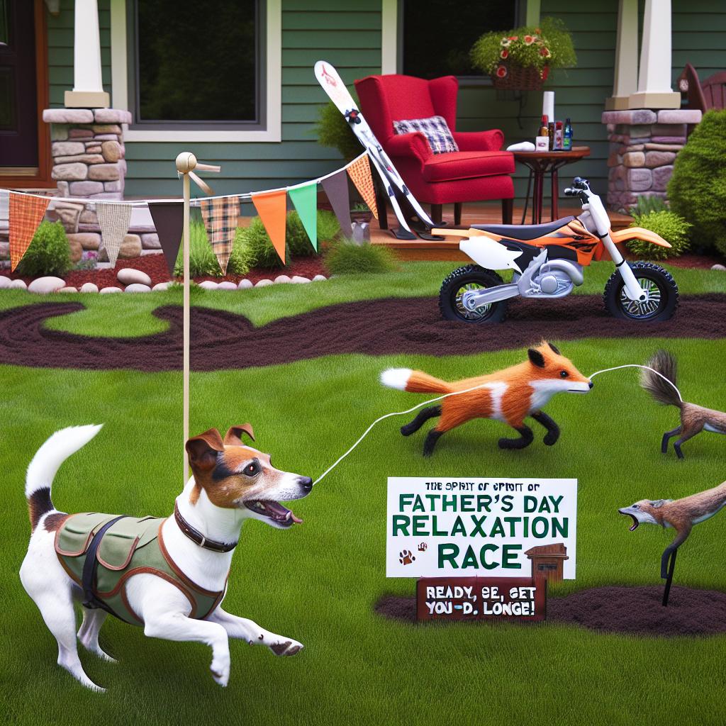 Visualize a humorous spirit of Father's Day scene on a front lawn. There is a Jack Russell Terrier, sporting a hunting vest, chasing a remote-controlled fox across the green grass - a playful and comical allusion to the tradition of fox hunting. Not far off, a dirt bike is artfully showcased with a sign that reads 'Dad's Off-road Adventure,' coupled with a trail of faux mud tracks. There's a ski pole cleverly used to hold a vibrant pennant banner. Underneath this banner, an empty armchair waits invitingly next to a newspaper. The paper's heading announces 'Father's Day Relaxation Race – Ready, Set, Lounge!'
Generated with these themes: Jack Russell terrier, Fox hunting, Dirt bike, and Skiing.
Made with ❤️ by AI.