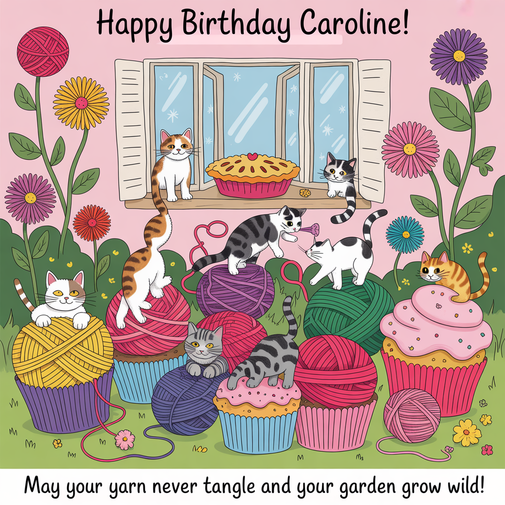 At the top of the image, "Happy Birthday Caroline!":

At the bottom of the image, "May your yarn never tangle and your garden grow wild!"

- In the center of the image, create a whimsical scene featuring a garden overrun with playful cats, some tangled in balls of colorful yarn while others are perched atop giant cupcakes. Add details like crochet flowers mingling with real blooms and a cheeky cat with frosting on its nose, eyeing a freshly baked pie cooling on a windowsill.
Generated with these themes: Cats, Crochet, Gardening, Baking, and .
Made with ❤️ by AI.