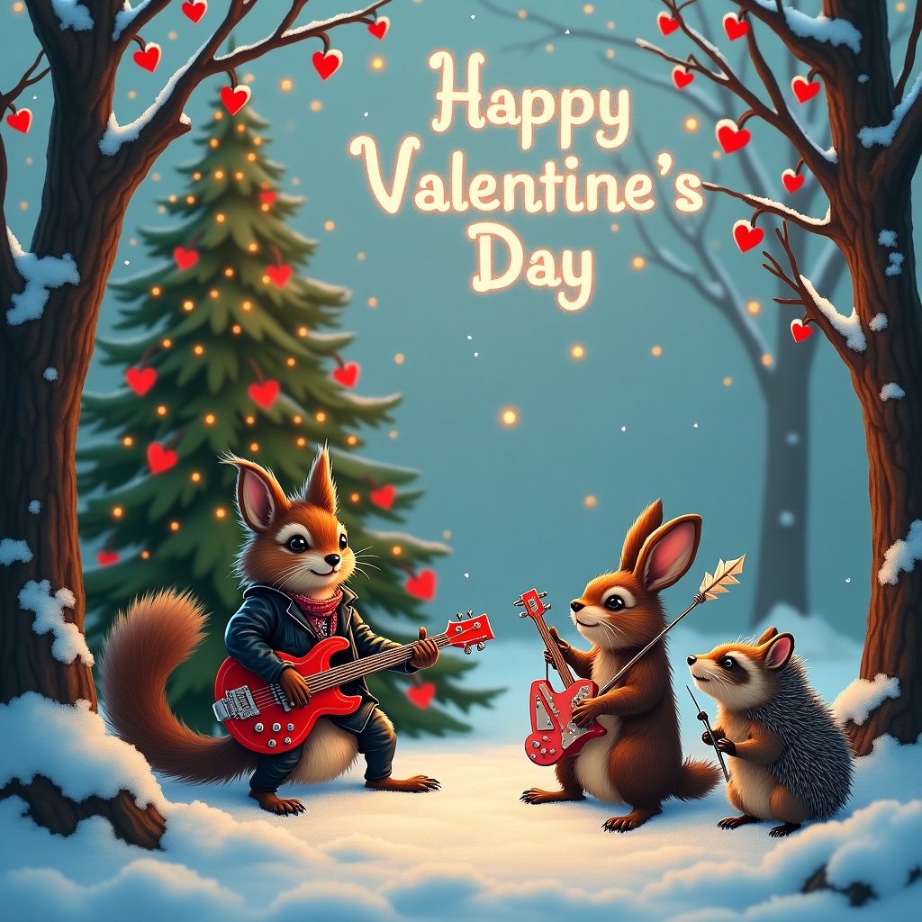 In a whimsical, snow-dusted forest clearing, a heavy metal band composed of charmingly rebellious woodland creatures is rocking out on a tiny stage adorned with twinkling Christmas lights. The lead squirrel, sporting a miniature leather jacket and spiky fur, shreds an electric guitar made from a repurposed candy cane. The bass-playing rabbit, with silver piercings in its ears, taps its paw in rhythm. Behind them, a hedgehog drummer thrashes wildly, its quills rhythmically bouncing in time with the beat.

Above the stage, the trees are festooned with shimmering red hearts that catch the winter sunlight, creating a dazzling canopy. Cupid, depicted as a mischievous little raccoon with wings and a quiver full of arrows, flutters around the scene. This playful Cupid aims a gleaming arrow towards the stage, its point tipped with a glowing heart.

In the background, a grand evergreen tree is decked with ornaments of vibrant red hearts and metal-themed decorations, like tiny drum kits and guitars. High above, a cloud formation reads "Happy Valentine's Day" in frosty letters, with the recipient's name, "Harper," cleverly entwined in the wispy, airy script. The snowy ground glistens beneath the stage, reflecting the magical, unconventional love story unfolding in this merry, metal-infused woodland wonderland.
Generated with these themes: Heavy metal, Red hearts, Cupid, and Love .
Made with ❤️ by AI.