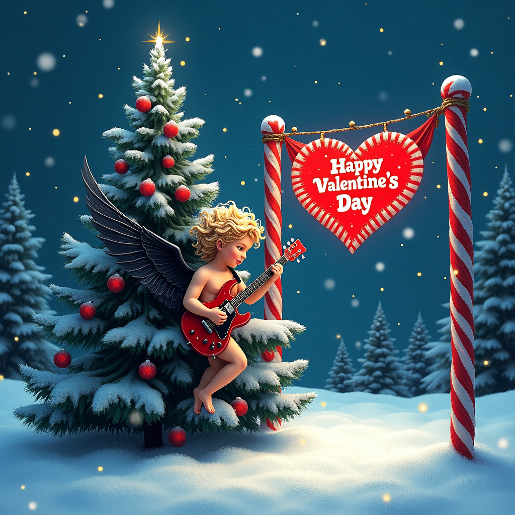 In this unique Christmas greeting card, imagine a snowy winter landscape at dusk, where the deep blue sky is flecked with twinkling stars. At the center of the scene stands a majestic evergreen tree, dusted with snow and adorned with shiny, red heart ornaments. Nestled amongst the branches, a heavy metal-inspired Cupid emerges, but with a rock twist—his wings are black leather with silver studs, and he clutches a gleaming electric guitar instead of a bow and arrow. His cherubic face is partially hidden by flowing locks of hair reminiscent of 80s metal icons. Nearby, a shimmering stage made of ice stands, with amps and drums set up as if a concert is about to begin. Behind Cupid, a banner stretches across the scene, strung between two tall candy cane poles. The banner, made of stitched together heart-shaped records, boldly displays the words "Happy Valentine's Day" in a fiery red, flame-like font. In the background, a soft flurry of snowflakes falls gently, catching the ambient light and adding a touch of magic to this festive, love-infused rock concert in the snow.
Generated with these themes: Heavy metal, Red hearts, Cupid, and Love .
Made with ❤️ by AI.