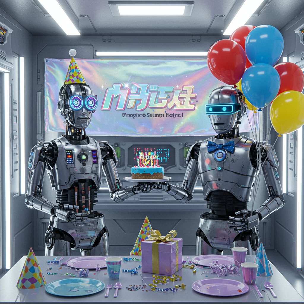 Front Cover Description:

**Background:** A futuristic party setting in a sleek, high-tech room. The walls are metallic silver with holographic accents, reflecting a rainbow of colors. LED lights line the corners of the room, casting a soft, ambient glow.

**Main Scene:** Two lifelike robots are the focal point of the card. 

1. **Robot 1:** Positioned on the left, this robot has a chrome finish with intricate details resembling the gears and circuits visible beneath its translucent chest plate. It has two large, round eyes that have LED rings cycling through colors like blue, green, and purple. It is wearing a festive party hat in shiny gold foil, tilted slightly to one side. In one of its mechanical hands, it holds a small birthday cake with a single candle. The cake is frosted in bright electric blue, with silver sprinkles and the number "5" in neon green at the center.

2. **Robot 2:** Positioned on the right, this robot is slightly larger, with a titanium-like exterior. Its design is more angular, with sharp, clean lines and a visor-style head. This robot is wearing a bow tie that is programmable and currently displays shifting patterns of colorful confetti. It is holding a bunch of balloons in vibrant colors: red, blue, and yellow, all of which have a metallic sheen.

**Foreground Elements:** In front of the robots, there is a table set with an assortment of futuristic party supplies. Plates and cups are made of transparent material that changes color with the lighting, displaying hues of pink and orange. There's a hoverboard-shaped gift box wrapped in silver paper and a ribbon that appears to be made of shimmering stardust.

**Background Elements:** Above the robots, a banner spans across the room. The banner appears to be digital, with text that cycles through a rainbow of colors. The word "Magic 🪄" is prominently displayed on the banner, written in a stylized font that gives it a 3D effect, as if the letters are floating just off the surface.

**Additional Details:** Scattered throughout the scene are digital confetti and streamers that appear to be projected, occasionally flickering as though they are holograms. In one corner, there's a window showing a cityscape with flying cars zipping by under a deep blue, star-studded sky.

This visually rich and detailed cover blends high-tech elements with birthday festivities, perfect for a quirky, fun-loving recipient.
Generated with these themes: Robot, and Robot .
Made with ❤️ by AI.