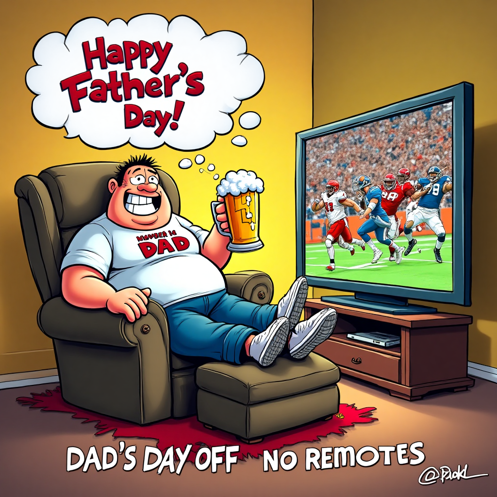 At the top of the Cartoon Style image, "Happy Father's Day"

**Image Description:**

Picture a vibrant cartoon living room scene. In the center, an overstuffed recliner with exaggerated armrests holds a comically rotund dad figure, sporting a wide grin and a foam finger pointing to the sky. He’s wearing a "Number 1 Dad" T-shirt, and his legs are propped up on a footstool that looks like a mini ottoman with sneakers. In one hand, he holds a giant, frothy mug of beer, bubbles popping with animated enthusiasm.

Next to him, a wide-screen TV is aglow with a chaotic cartoon sports match, the players running off-screen, leaving comic book-style action lines. The TV is so animated that a football and a player’s helmet look like they’re about to burst through the screen into the room!

At the bottom of the image, in bold, playful letters: “Dad’s Day Off – No Remotes Required!” 

The scene is full of bright, saturated colors, with thick, exaggerated outlines, and a sense of energetic motion that captures the humor and fun of a well-deserved dad's day relaxation.
Generated with these themes: Beer , TV, and .
Made with ❤️ by AI.