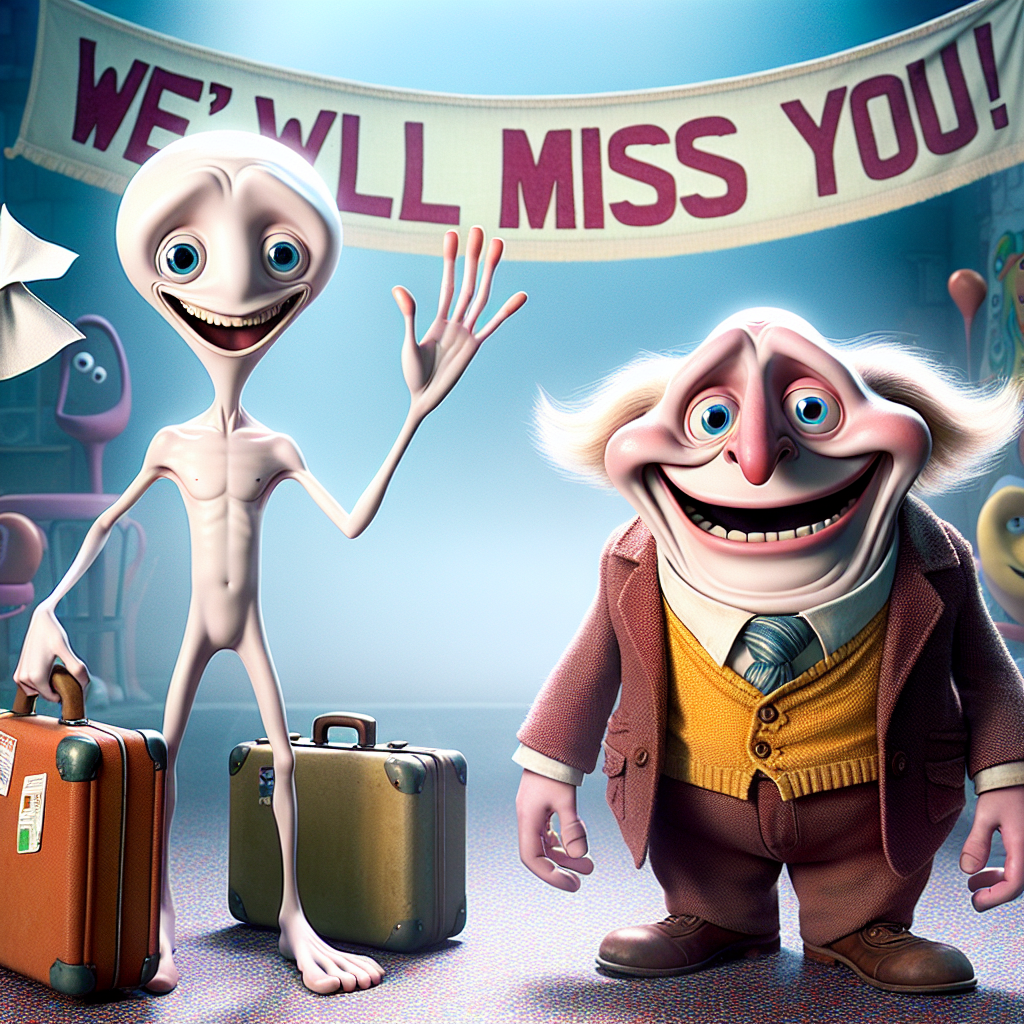 Start with a cartoon scene depicting two unique characters. The first character is devoid of any defined shape and is of an albino complexion, displayed waving a handkerchief with a delightful yet silly smile. The other character, named Rodney Trotter, is also an albino and exceptionally tall with an endearing awkwardness that can be seen in his long, buckling legs. He is shown with a suitcase ready for travel and also appears to be uncertain about the journey that lies ahead. Both of them are set in a colorful, whimsical environment. The expressions on their faces are larger than life, imbuing the scene with a vibrant, jovial energy. Suspended in the air above them is an overhead banner with the words 'We'll miss you!', which adds to the light-hearted yet sentimental vibe of the farewell scene.
Generated with these themes: Shapeless albino, Albino, Lanky, and Rodney Trotter.
Made with ❤️ by AI.