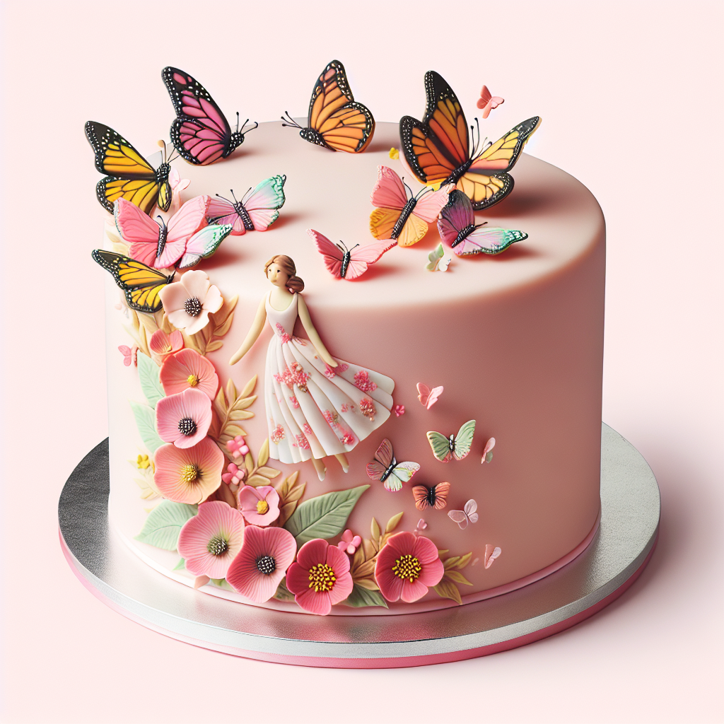 Envision a single-tier round cake swathed in gentle pink fondant. An array of bright, illustrative butterflies appear to ascend the cake's side, on the verge of soaring. Incorporated amongst them, there are gentle edible flowers that contribute a subtle botanical sophistication. This scrumptious work of art is crowned with a lighthearted and charming fondant figure of a woman. She wears a dress embellished with a motif of maple leaves, in recognition of the Canadian context of the festivity.
Generated with these themes: Cakes, Female, Canada, Butterflies, and Flowers.
Made with ❤️ by AI.