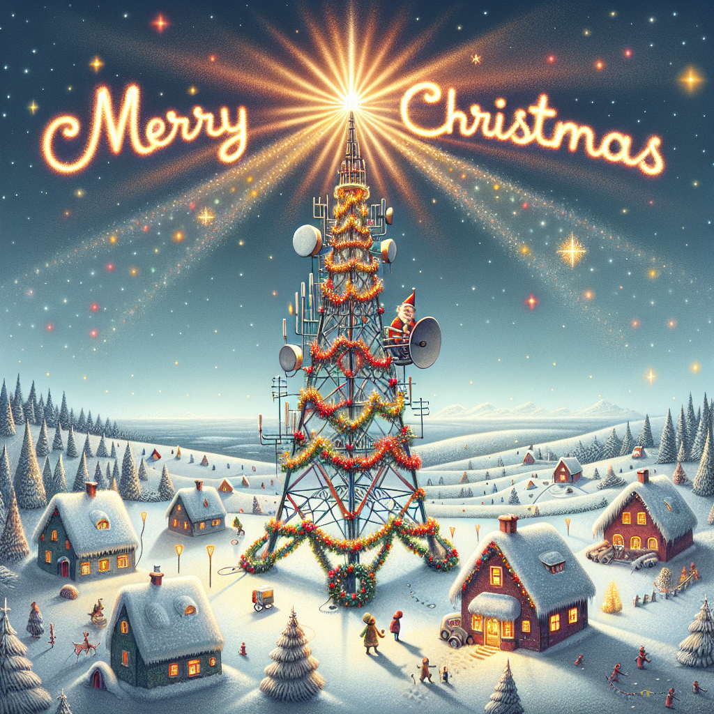 In the charming illustration, the central focus is a whimsical telecommunications tower adorned with festive garlands and Christmas lights. At its peak, the tower emits a warm, radiant signal with the joyful message 'Merry Christmas' in a playful font, resembling a star on top of a Christmas tree. The snowy landscape around the tower is dotted with cozy, snow-capped houses, and cheerful characters are seen gazing up in wonder at the message above.
Generated with these themes: A telecommunications tower spreading a signal saying marry christmas.
Made with ❤️ by AI.