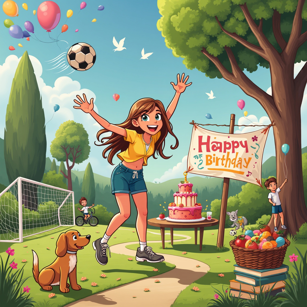 In a vibrant, whimsical park setting, a birthday celebration is in full swing. Our birthday girl, let's call her "Sophia," is the star of the scene. She’s depicted with large, expressive eyes and an infectious smile that radiates across the card, capturing her sweetness and beauty. Sophia stands at the center, surrounded by her friends and family, who are all cheering and holding colorful balloons. Her long, flowing hair catches the sunlight, and she's wearing a bright, sporty outfit that combines both style and function, illustrating her athletic prowess.

To her left, a soccer goalpost stands where Sophia has just scored an impressive goal, with the soccer ball frozen mid-air, zooming past a cartoonishly exaggerated, flailing goalie. Behind her, a table is set up with a magnificent, multi-tiered birthday cake decorated with symbols of her talents: books, musical notes, and miniature sports equipment, all made of icing.

To the right, a tree has a large banner tied between its branches, reading "Happy Birthday Sophia!" in bright, playful letters. Beneath the tree, a stack of books and a laptop, depicting her intelligence and talent, are being used to prop up a picnic basket bursting with fruits and treats.

In the background, a mix of tall, green trees and small, colorful flower beds create a lush environment, with a winding path where a few more friends are arriving on bicycles, ready to join the festivities. Above the scene, a clear, blue sky is dotted with fluffy, white clouds and a few birds soaring through the air, adding to the overall liveliness.

Sophia’s dog, a cute, energetic pup with floppy ears, is playfully tugging at her shoelaces, adding a touch of humor and warmth to the scene. Nearby, a little boy is gazing at Sophia with wide-eyed admiration, holding a handmade sign that says "Sophia, You're the Best!"

Each element is carefully designed to highlight Sophia’s intelligence, athleticism, beauty, and sweetness, creating a dynamic, heartwarming, and funny birthday scene that captures the essence of her character in a lively, cartoonish style inspired by the greats like Schulz, Watterson, and Disney.
Generated with these themes: She is really smart and talented. , She is Very good at sports, and She is Super sweet and beautiful.
Made with ❤️ by AI.