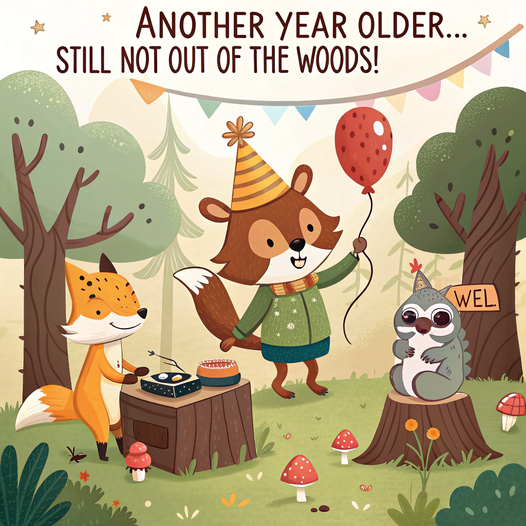 At the top of the image, "Another Year Older... Still Not Out of the Woods!"

- In the center of the image, illustrate a group of woodland animals throwing a surprise birthday party for a bewildered-looking hiker who just stumbled into a forest clearing.
- A squirrel in a party hat is holding a balloon, a fox is DJing on a log using mushrooms as turntables, and a grumpy-looking owl is reluctantly wearing a “Party Animal” sash.
- In the background, a banner hangs between two trees that reads “Welcome to the Wild Side!” 
- There’s a cake on a tree stump decorated with acorns and berries, and one curious raccoon has its paw in the icing. 
- Light streams in from above, giving the whole woodland rave a magical and chaotic birthday vibe.

At the bottom of the image, "Looks like Mother Nature just RSVP’d to your midlife crisis!"
Generated with these themes: Nature .
Made with ❤️ by AI.