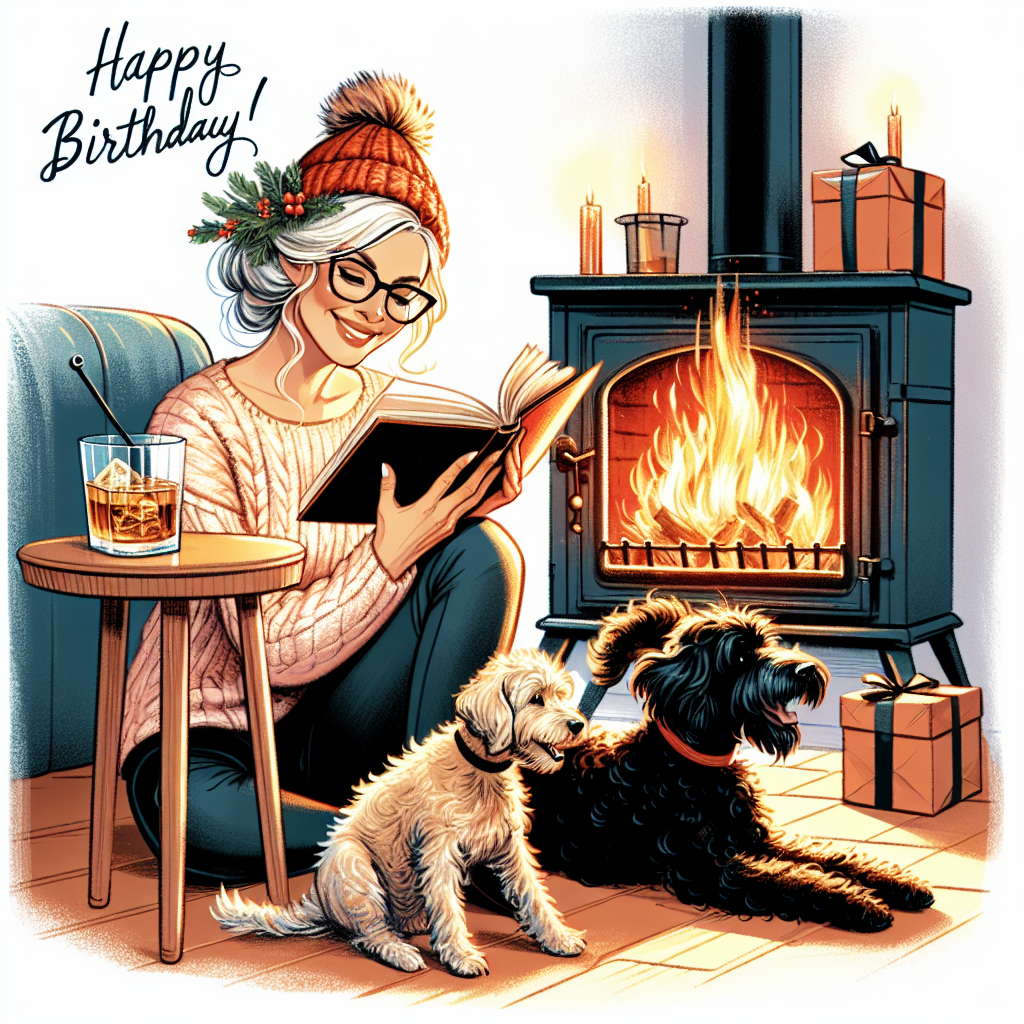 A festive illustration of a Caucasian woman with light hair, cozying up next to a log burner that crackles with warmth. Bathed in an inviting glow, she is deeply absorbed in an engrossing book, a smile adorning her face. Two playful black Labradoodles frolic by her side, their tails wagging with joy. A small table sits next to her, the spellbinding flames from the fireplace reflecting off a glass of amber whiskey, introducing an element of sophistication to the cheerful birthday celebrations.
Generated with these themes: Female, Light hair, Whisky, Black Ladradoodles, Log burner, and Reading.
Made with ❤️ by AI.