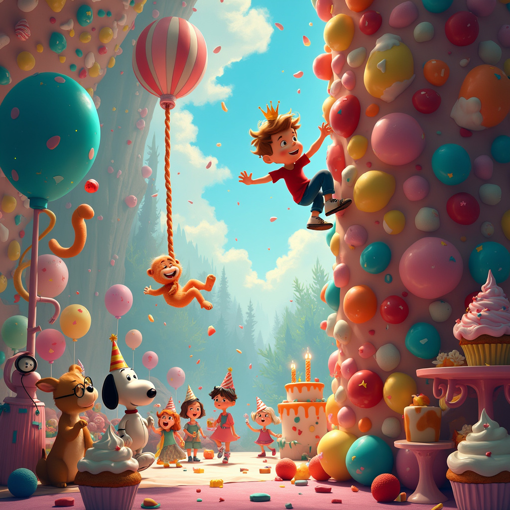 In the bustling, whimsical scene set inside a fantastical climbing gym, the background explodes with a magical array of gigantic, colorful candies. Imagine a vibrant, candy-coated wonderland where every inch of the walls and floor is decked out in luminous lollipops, candy canes, and swirling gumdrops, all in exaggerated sizes and vivid colors that pop against a soft pastel backdrop.

In the center of the scene, a mischievous child resembling Calvin from Calvin and Hobbes, with a cheeky grin, scales a tall rock-climbing wall made of massive, sugary jellybeans, each bean a different color of the rainbow. Each handhold and foothold is a delectable treat, from marshmallows to chocolate truffles, and the top of the wall is capped with a huge, shining candy crown.

Next to this adventurous climber, his faithful sidekick, a playful dog reminiscent of Snoopy from Peanuts, is caught mid-leap towards a dangling licorice rope swing. The dog’s expressive eyes are wide with excitement, and its tongue flaps in the air as it aims for a mid-air chomp on a floating candy corn.

Below them, a scene of birthday revelry unfolds. A group of animated friends, including a wide-eyed robot inspired by Astro Boy and a bespectacled, scholarly-looking girl akin to those in Winsor McCay's illustrations, cheer them on from a candy-coated picnic blanket. They are surrounded by an assortment of birthday delights: oversized cupcakes with frosting swirls taller than their heads, sparkling soda pop fountains, and a towering birthday cake decorated with twinkling, fairy-like candles that give off a soft, magical glow.

Overhead, the ceiling transforms into a fantastical skyscape, filled with floating, cartoonish clouds and candy-filled balloons drifting lazily, tethered by strings of twizzlers. Through a large window, an enchanting view of a candy forest can be seen, with trees that bear fruit-sized gummy bears and rivers of flowing chocolate.

To the left of the main climbing wall, there is a gigantic gummy bear, almost statue-like, offering a helping paw to another climber trying to scale a candy cane striped wall. The walls themselves are lined with witty cartoon signs and posters, reminiscent of The Far Side’s quirky humor, displaying messages like “Don’t Eat the Handholds!” and “Sugar Rush Safety First!”

The entire scene is alive with vibrant energy, every character and element exuding a playful, adventurous spirit, perfectly capturing the joy and whimsy of a birthday celebration in a candy-coated, indoor climbing paradise.
Generated with these themes: Climbing indoor, and Colorful magical background with giant candys.
Made with ❤️ by AI.