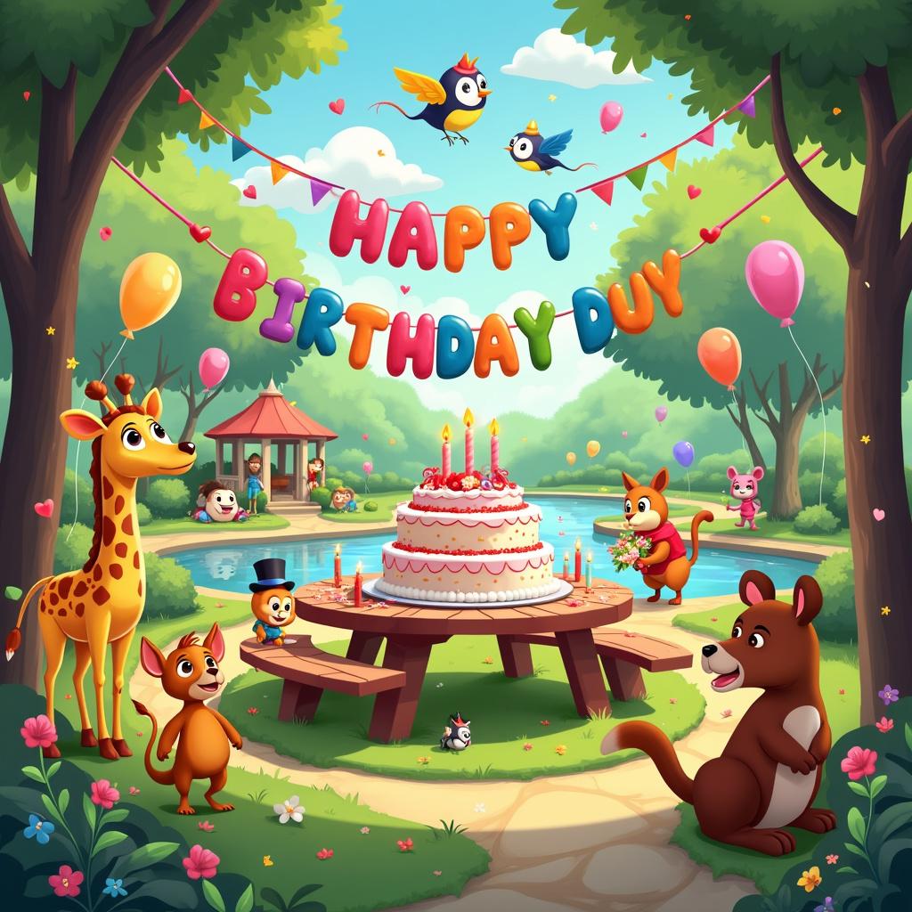 In a vibrant park bustling with joyous birthday festivities, a delightful group of quirky animals and characters has come together to throw a surprise birthday party for Duy. At the center of this cheerful gathering stands a grand picnic table, lavishly adorned with a giant cake that proudly displays Duy's name in colorful icing. Surrounding the cake are miniature figurines of famous romantic couples, interspersed with playful symbols of love such as hearts and cupid arrows. Above this festive tableau, a large banner stretches between two trees, declaring "Happy Birthday Duy" in whimsical, balloon-like letters. 

The atmosphere is alive with various animals—like a dapper giraffe wearing a top hat, a lively dancing monkey, and a charming kangaroo clutching a bouquet of flowers—all contributing to the merriment. In the background, friendly birds soar through the sky, trailing a skywriting banner that whimsically announces "Sớm có bạn gái" in fluffy white clouds. Nearby, a group of friends, sporting colorful party hats and silly costumes, engage in games and laughter. Adding to the fantasy, balloons of every shade of the rainbow float above, infusing the scene with vibrant colors, while a quaint gazebo twinkles with fairy lights and hanging lanterns. A small pond in the distance mirrors the cheerful sky, reflecting the floating balloons and the sun’s warm glow.

Generated with these themes: Sớm có bạn gái.  
Made with ❤️ by AI.