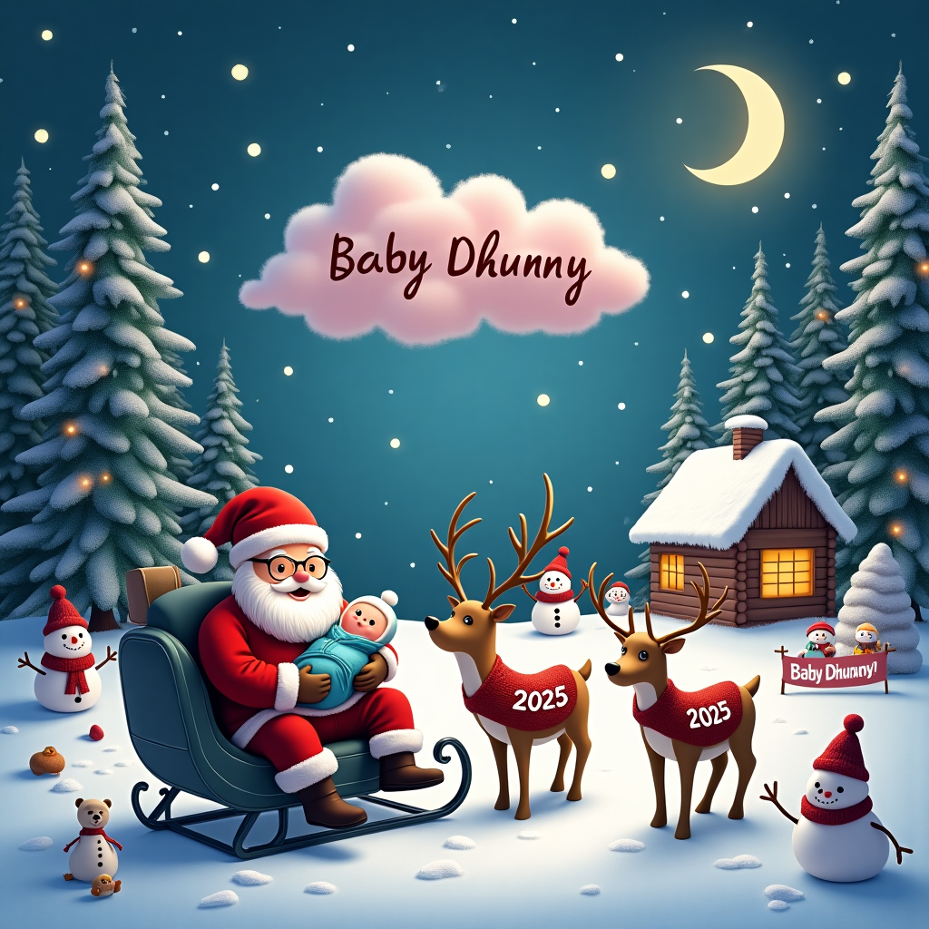 Picture a whimsical winter wonderland set in the year 2025, where Santa Claus has taken a modern twist to celebrate the arrival of "Baby Dhunny." The scene is set in a snow-blanketed forest with towering fir trees adorned with twinkling, multi-colored LED lights, casting a soft glow on the sparkling snow. In the foreground, Santa Claus is not in his traditional sleigh, but instead piloting a futuristic, eco-friendly hover-sleigh, sleek and shiny, with tiny solar panels and a digital dashboard. The sleigh is parked on a smooth patch of snow, and Santa, sporting a pair of trendy, round, wire-rim glasses, is joyfully holding a swaddled baby, gently cradled in his arms.

Beside Santa, his trusty reindeer are wearing matching knitted sweaters, each emblazoned with the year "2025" stitched in bold silver thread. One reindeer, with a playful twinkle in its eye, is peeking curiously at the baby. Above, the sky is a deep twilight blue, with shimmering stars and the faint outline of a crescent moon. Here, in the sky, is where the name "Baby Dhunny" appears, spelled out in fluffy, cotton-candy pink clouds, whimsically floating just below the stars, adding a magical touch to the scene.

To the side, a small, cozy log cabin emits a warm glow from its windows, with gentle puffs of smoke rising from the chimney, suggesting a crackling fire inside. In front of the cabin, a family of snowmen stands, each wearing a tiny, knitted hat, one holding a tiny banner that reads "Welcome Baby Dhunny!" in bright, cheerful colors. Scattered around are whimsical snow sculptures of teddy bears and baby toys, intricately carved with great detail.

The entire scene is brimming with delightful details, from the gentle snowflakes falling from the sky to the cheerful expressions on the characters' faces, creating a heartwarming tableau that celebrates the joyous occasion of Baby Dhunny's arrival in a uniquely festive, 2025-themed winter wonderland.
Generated with these themes: 2025, Santa Claus , and Winter.
Made with ❤️ by AI.