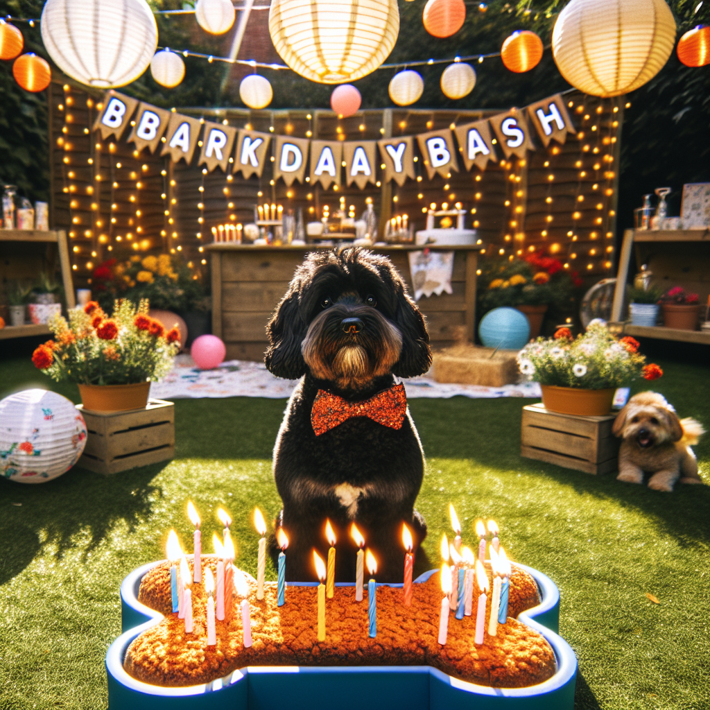 Imagine a beautifully sunlit garden enhance with the magic of fairy lights and delicate paper lanterns. This setting is arranged for a very special birthday celebration. The guest of honor is an adorable black Cockapoo dog with deep black eyes, standing proud and happy next to a tremendous bone-shaped birthday cake adorned with vibrant, lit candles. Its fur is flawlessly groomed, and it sports a charming red bow tie on its neck. Overhead, a banner exclaims 'Bark Day Bash', giving a fun twist to the festive atmosphere. The Cockapoo is on the verge of blowing out the candles under the watchful eyes of its enthusiastic canine friends.
.
Made with ❤️ by AI.
