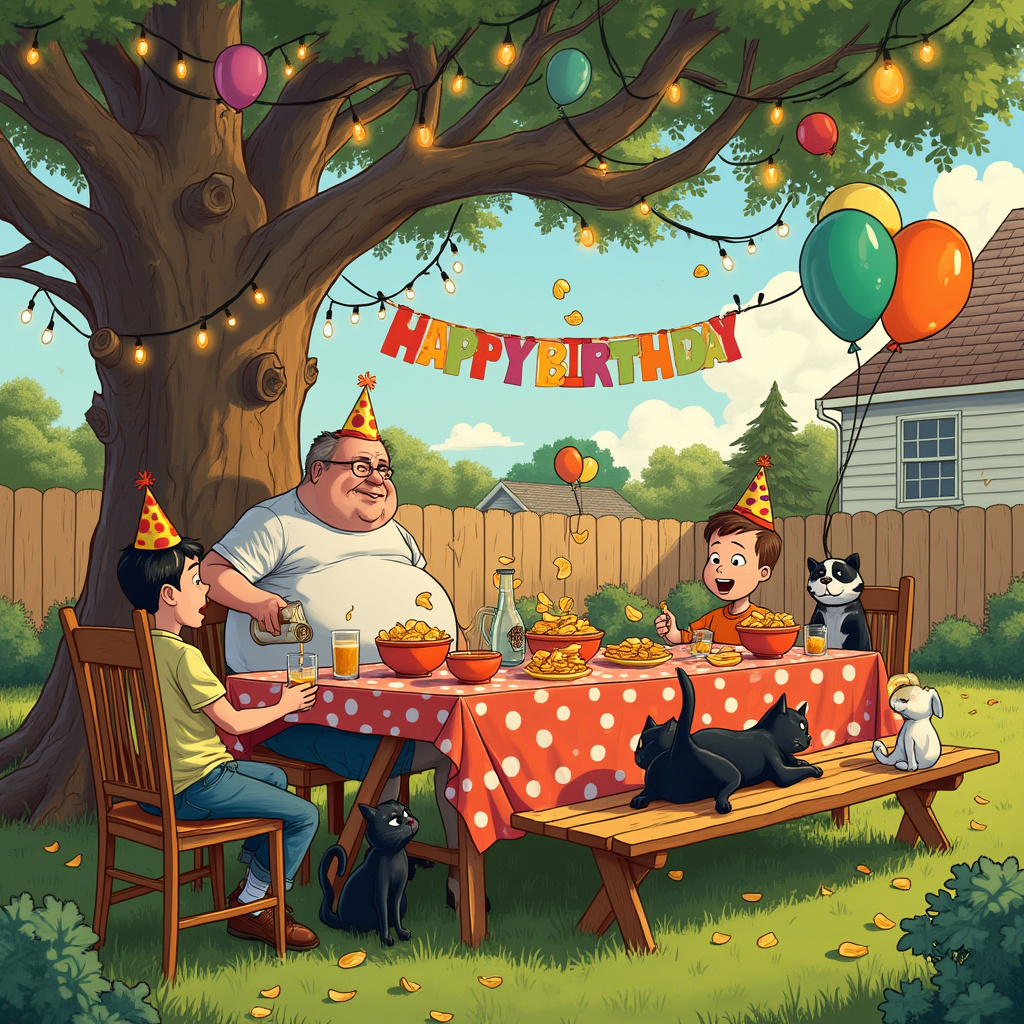 In a whimsical suburban backyard setting, the scene is a lively birthday party under the warm glow of twinkling fairy lights strung from the branches of a large, old oak tree. At the center, a long picnic table is adorned with a bright, polka-dotted tablecloth, laden with colorful party hats and a lavish spread of snacks. Among these are towering bowls of potato chips, some spilling over the edges and cascading like a salty waterfall onto the grass below. 

The family is gathered around the table, with members at various stages of birthday merriment. A portly dad, reminiscent of a Gary Larson character with an exaggerated potbelly, is pouring a frothy glass of cider from a jug marked with a rustic apple label. Nearby, a young child, animated in the spirit of Bill Watterson's Calvin, is gleefully popping potato chips into his mouth like a carnival game, chips miraculously always landing perfectly.

On one side of the table, a black cat with sleek fur and eyes that gleam mischievously like Osamu Tezuka's characters, lounges lazily on a high-backed chair, one paw dipping into a cider glass, tipping it over and creating a small bubbly spill. Next to the black cat, a black and white cat sits upright, its fur patterning reminiscent of a tiny panda, caught mid-action, batting at the end of a string of fairy lights that dangles temptingly close to its reach.

In the background, children reminiscent of Charles Schulz's Peanuts characters are playing, their heads bobbing with laughter and comic-book style movement lines drawn around their feet to show frenetic activity. Above them, a banner in bold, hand-drawn letters that echo Hergé’s Tintin style proclaims, "Happy Birthday!" as it sways in the gentle breeze.

The artist should capture the vividness of the colorful array of balloons tied to the picnic table, casting soft shadows on the grass. Each element is connected, from the cats' antics to the playful chaos of the family, weaving a quirky tale of a birthday celebration in a style that pays homage to the iconic illustrators of our time.
Generated with these themes: Black cat , Black and white cat , Cider , Potato chips, and Family.
Made with ❤️ by AI.