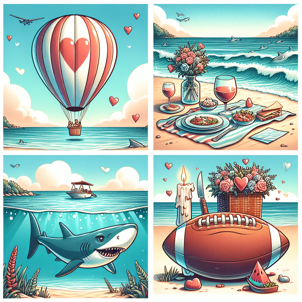 Create a whimsical illustration with a romantic setting at a beach where the ocean waves gently touch a sandy shore. Include a hot air balloon decorated with heart symbols reflecting above. On the sand, depict a picnic scene set up on a giant plush football. Add elements of playful danger by illustrating cartoonish sharks frolicking in the water. The picture main elements are the tranquil ocean, the joy of shared adventures, and the enjoyment of delicious picnic food.
Generated with these themes: Football, Ocean, Sharks, Hot air balloon, and Food.
Made with ❤️ by AI.