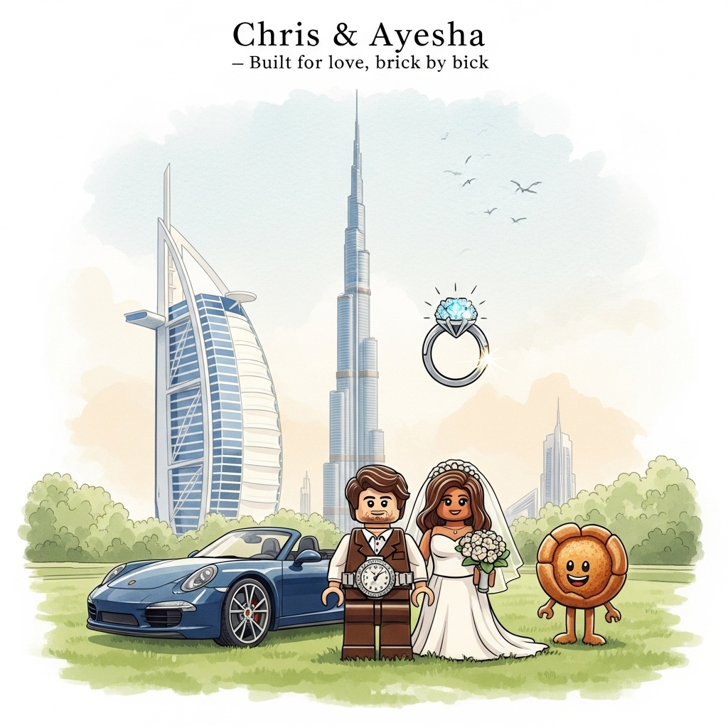 Lego-style, thicket priory (yorkshire), burj khalifa, lego groom (brown hair), lego bride (brown hair), navy porsche, fashion, yorkshire pudding standing on lawn, rolex on groom's wrist, big engagement ring on bride, and Wedding Card