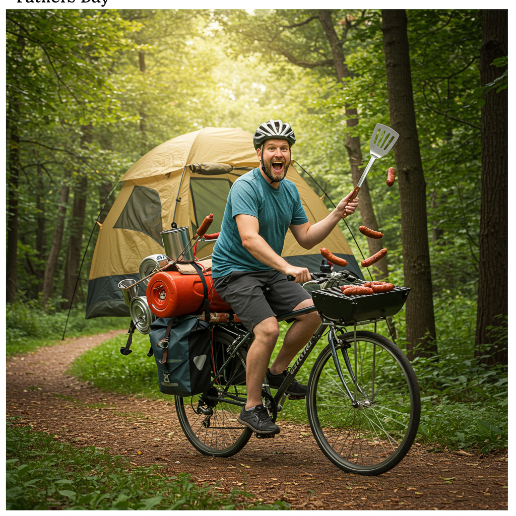 At the top of the Photorealistic picture taken from a camera image, include the text "Fathers Day."

**Image Prompt:**

Capture a lively and humorous scene depicting a father trying to balance his love for cycling, camping, and BBQ all at once. Picture a dad riding a bicycle through a scenic forest trail, with a tent awkwardly strapped to the back of the bike and a small grill mounted in front. The bike is comically overloaded with camping gear, skewed at an angle due to the weight, yet the father has a big, determined grin on his face. In one hand, he's holding a spatula triumphantly like a baton, with a few sausages humorously trailing behind him, as if about to fall off the grill. The setting is lush and vibrant with sunlight filtering through the trees, adding depth and warmth to the scene. In the bottom corner, add the caption: "BBQ-ycle Touring: Because Dad Can Handle It All!" 

This ultra-high-definition 4K UHD photograph should be filled with accurate lighting, lifelike textures, and rich depth of field to bring out the humor and charm in this father's multitasking adventure.
Generated with these themes: Cycling, camping, BBQ, and .
Made with ❤️ by AI.