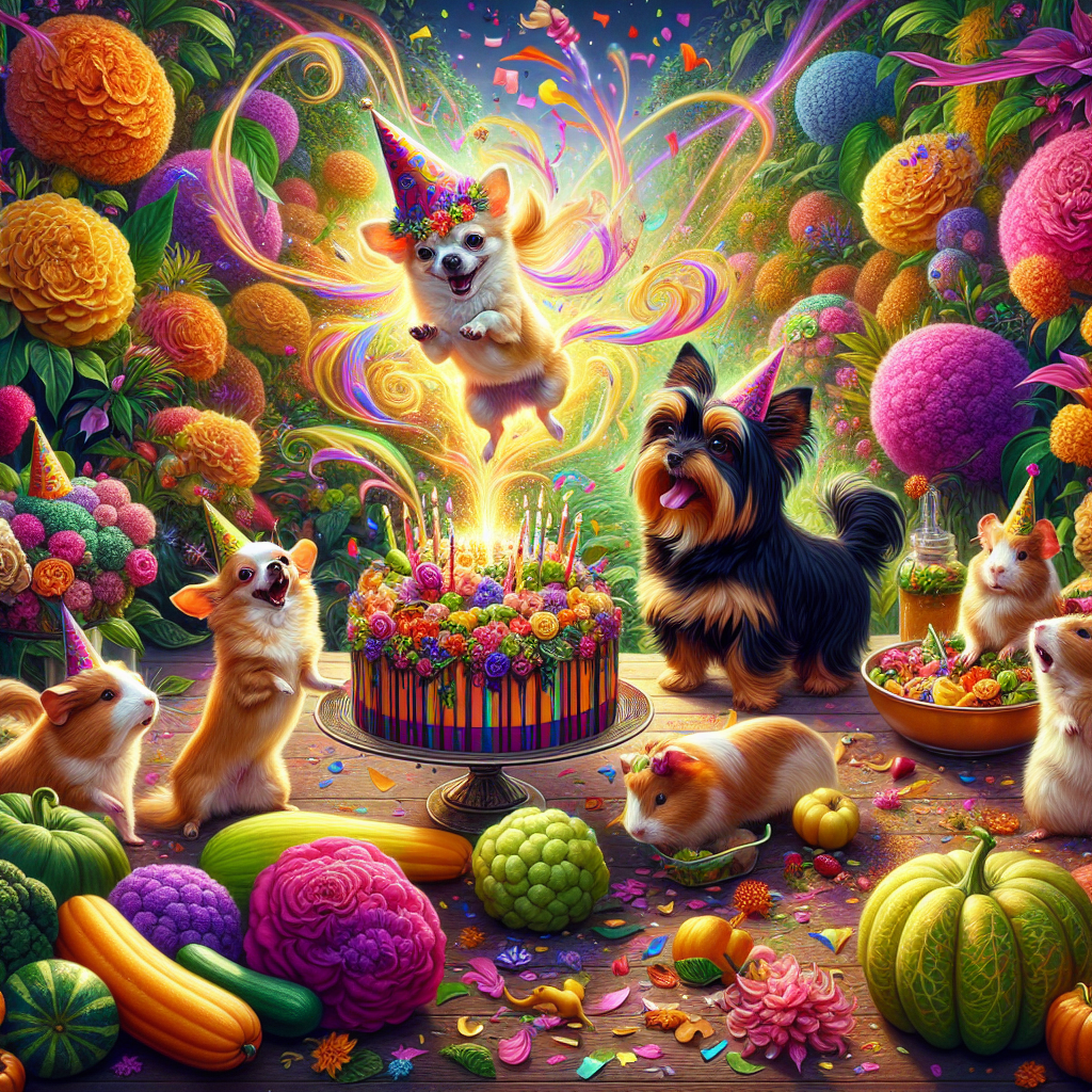 Produce a fantastical illustration themed around a birthday celebration. The image will feature a lavish, chromatic garden where an animated golden short-haired Chihuahua is magically floating amongst exaggerated, vibrant flora, sporting a festive hat on its head. Adjacent to it, a party-dressed black and gold Yorkshire terrier stands upright on its hind legs while being enveloped by swirling, festive confetti that mimics magical dust. Sprinkled among the luxuriant greenery, a group of delighted guinea pigs enthusiastically join the celebratory banquet with an array of excessively sized vegetables, contributing to the pleasant, eccentric ambiance of the festive tableau.
Generated with these themes: Golden short hair chiuahaha , Black and gold Yorkshire terrier dog, Guinea pigs, and Gardening.
Made with ❤️ by AI.