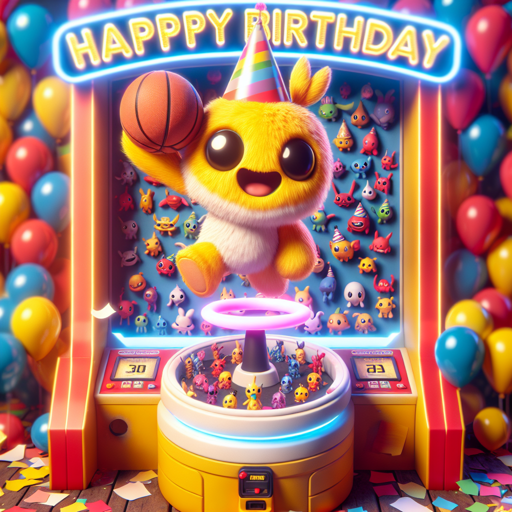 A cheerful birthday scene with Pikachu wearing a party hat while holding a basketball, set against a backdrop of colorful balloons and confetti. Happy pokey birthday is written in bold, cartoonish font above a hoop arcade game with various Pokémon figures as prizes.
Generated with these themes: Pokemon, and Basketball.
Made with ❤️ by AI.