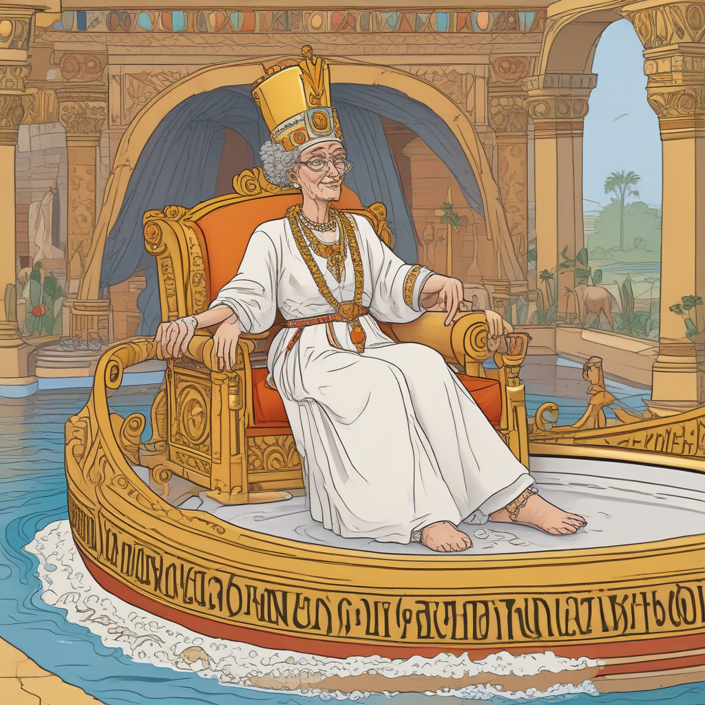 Cartoon Funny, Create an image representing a humorous birthday card featuring an elderly woman of 94 years, possessing short, ginger hair and glasses hanging fashionably around her neck, stylised as an Egyptian queen. Show her seated on a golden throne, placed upon a regal boat floating on the Nile River. Additionally, include a hot tub on the deck of the boat, with small brown and yellow dogs nearby. Scattered around her should be various items related to gardening, indicating her hobby. The sky behind her should display the words 'Happy Birthday.' Lastly, depict a steaming cup of tea and a plate of biscuits on a nearby bench, suggesting a moment of joy and relaxation.
Generated with these themes: 94 year old lady with short ginger hair and glasses around her neck as an egyptian queen sitting on a boat on the Nile River, Hot tub, 1 small brown dog and 1 small yellow dog, Gardening, Happy Birthday in the background, and Cup of tea and biscuits.
Made with ❤️ by AI.