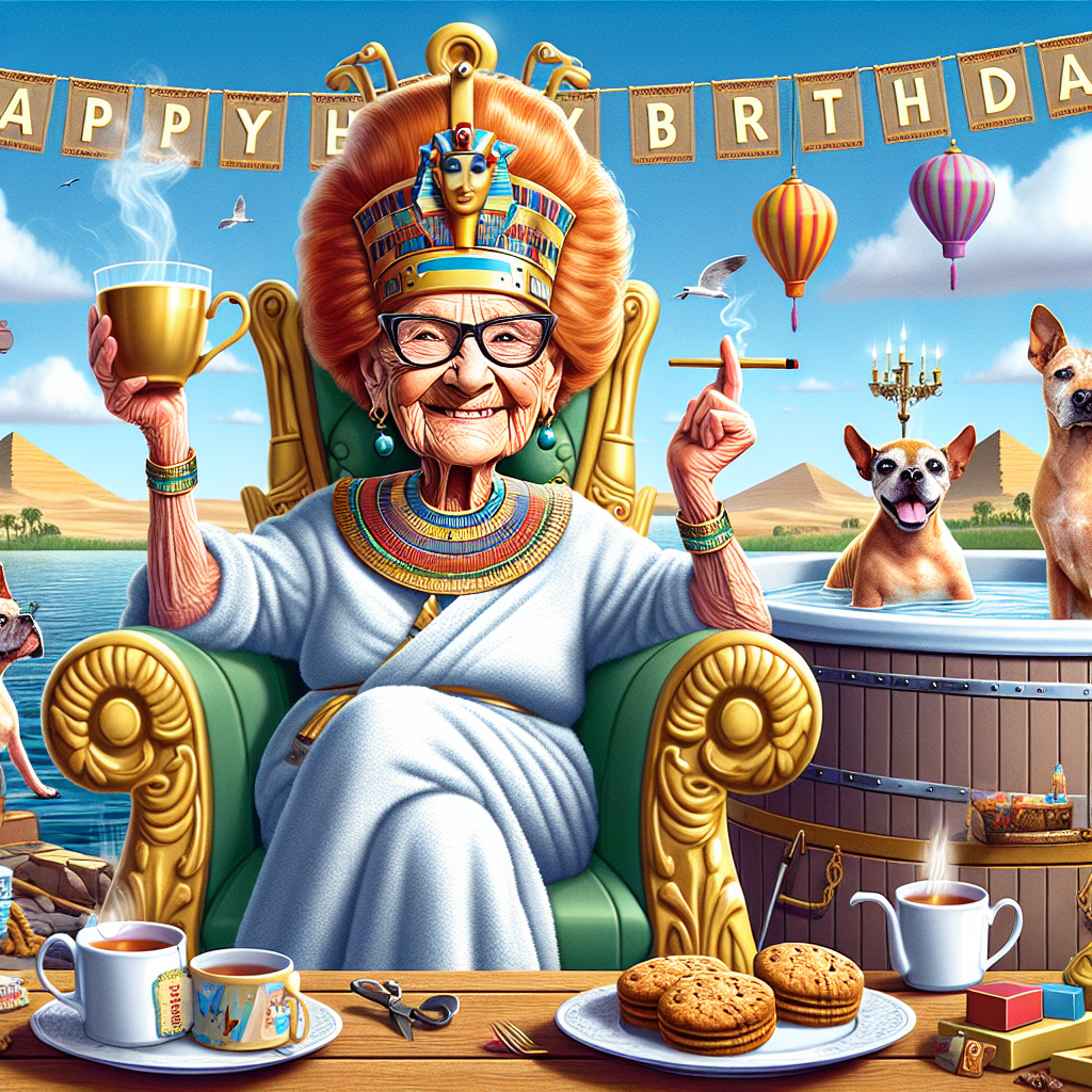 Create an image representing a humorous birthday card featuring an elderly woman of 94 years, possessing short, ginger hair and glasses hanging fashionably around her neck, stylised as an Egyptian queen. Show her seated on a golden throne, placed upon a regal boat floating on the Nile River. Additionally, include a hot tub on the deck of the boat, with small brown and yellow dogs nearby. Scattered around her should be various items related to gardening, indicating her hobby. The sky behind her should display the words 'Happy Birthday.' Lastly, depict a steaming cup of tea and a plate of biscuits on a nearby bench, suggesting a moment of joy and relaxation.
Generated with these themes: 94 year old lady with short ginger hair and glasses around her neck as an egyptian queen sitting on a boat on the Nile River, Hot tub, 1 small brown dog and 1 small yellow dog, Gardening, Happy Birthday in the background, and Cup of tea and biscuits.
Made with ❤️ by AI.