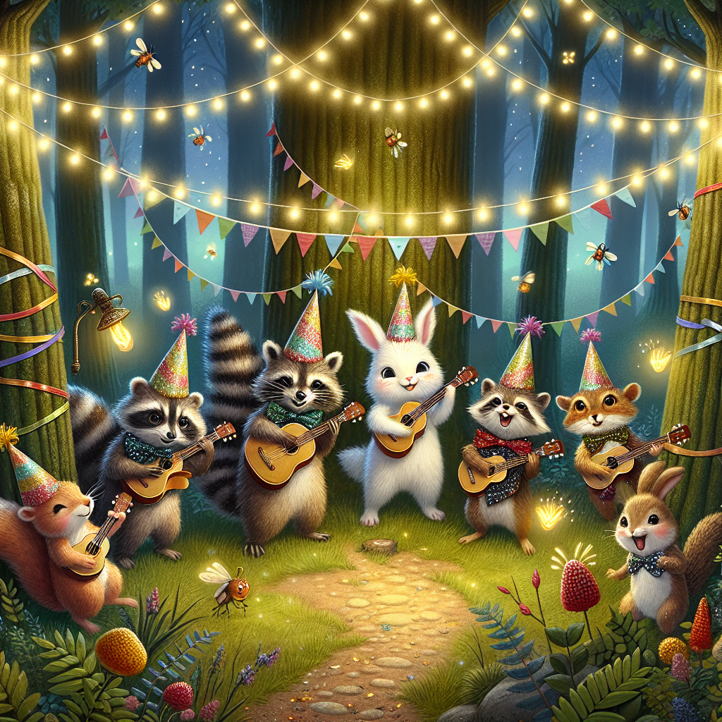 The picture portrays a lively birthday atmosphere in an enchanted woodland glade. Fairy lights glimmer between the forest trees, casting a glow on the celebrations beneath. At the heart of the event, a cadre of charming creatures of varied species, including a squirrel, raccoon, hedgehog, and rabbit, are playing music with tiny Flying V guitars. They are wearing glittery birthday caps, and colorful ribbons are wound around their guitar strings. Festive banners drape from tree to tree in a zigzag pattern overhead, while fireflies with a warm yellow radiance add to the magical glow, lending a warm undertone to the nocturnal revelries.
Generated with these themes: Flying V guitars .
Made with ❤️ by AI.