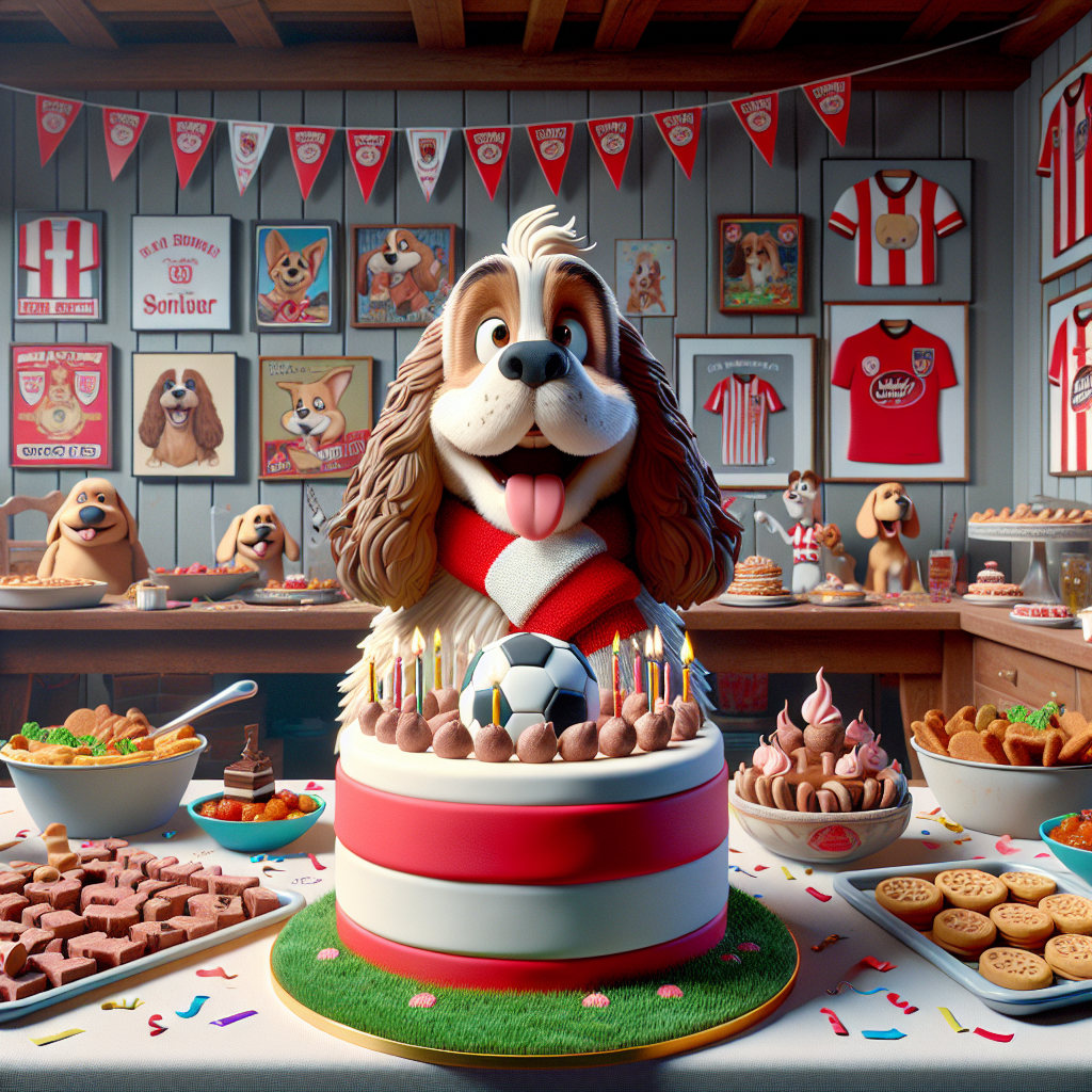 The scene illustrates an animated birthday party for a cheerful cocker spaniel wearing a scarf with red and white stripes. The jollity is in full swing, featuring a whimsical cake modeled after a soccer ball and garnished with a liver-flavored canine treat on top. Around the cake, there's a lively ensemble of food trays with dog-friendly delicacies and human appetizers. Memorabilia mirroring a popular soccer club embellishes the walls of the setting, while party hats and confetti strewn about contribute to the mirthful atmosphere of this cartoon scenario.
Generated with these themes: Cocker spaniel, Food, and Liverpool fc.
Made with ❤️ by AI.