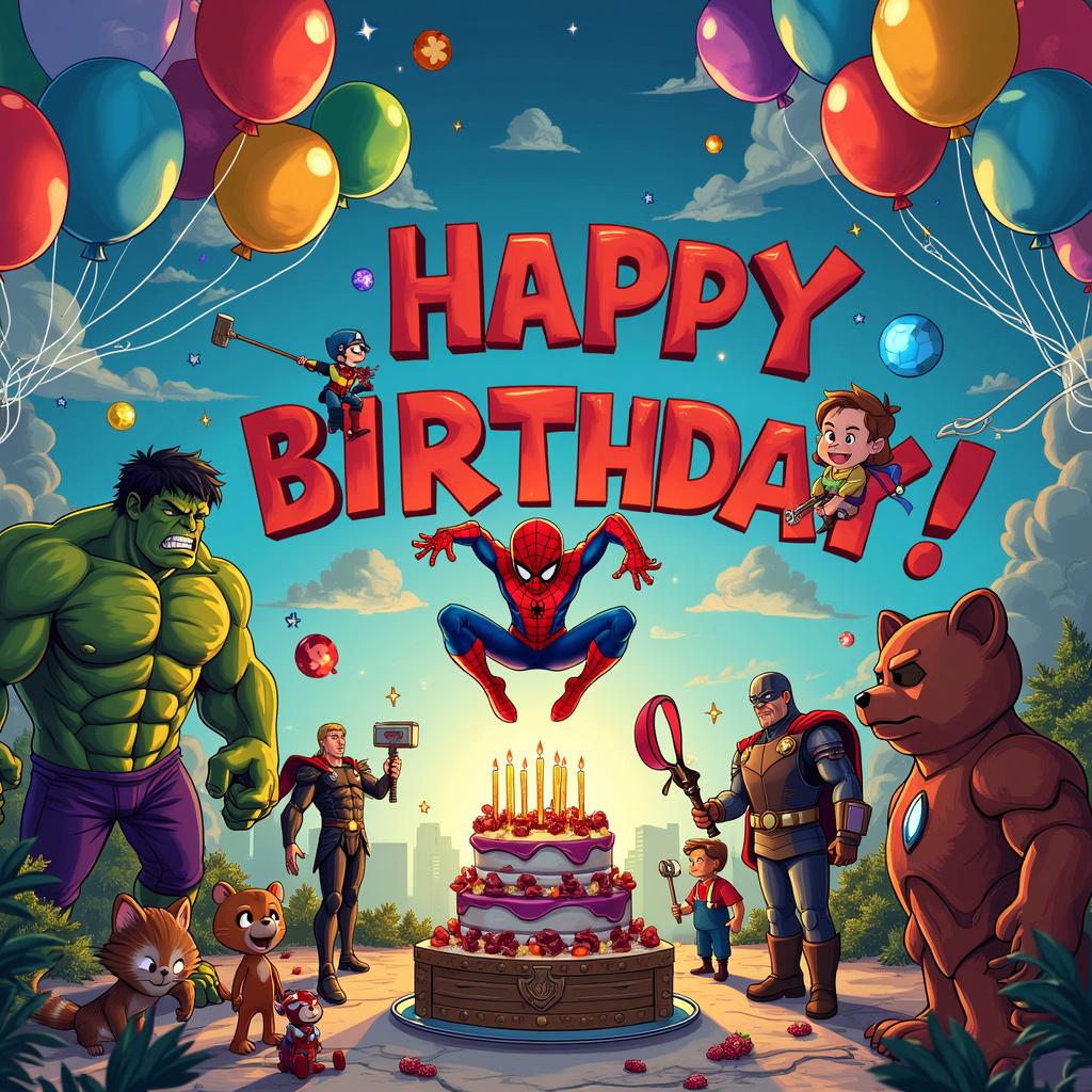 A vibrant, lively birthday party is in full swing in a fantastical setting that merges the Marvel universe with iconic gaming elements. At the center of the celebration, Spider-Man swings from colorful, helium-filled balloons that spell out "Happy Birthday" in large, playful letters, all while dressed in his iconic red and blue suit. Nearby, Iron Man uses his repulsors to light the candles on a massive, tiered birthday cake, which is adorned with miniature action figures of various Marvel heroes and villains. To one side, the Hulk gently hands out party favors from a giant, pixelated treasure chest inspired by classic video games like Zelda and Minecraft. These favors are tiny, pixelated versions of beloved Marvel artifacts, including Thor’s hammer and Captain America's shield.

In the background, Thor and Black Widow engage in a lively game of "Whack-a-Villain," where they use mallets shaped like Thor’s Mjölnir to bop the pop-up heads of Loki and other Marvel antagonists. The setting is enriched with whimsical details inspired by Charles Schulz and Bill Watterson, such as a Snoopy-esque doghouse transformed into a high-tech Marvel HQ equipped with radar dishes and glowing screens. Meanwhile, a mischievous, Calvin and Hobbes-style tiger weaves through the legs of the partygoers, sporting a tiny Ant-Man helmet. The sky above is a deep, comic-book blue filled with clouds shaped like speech bubbles that contain classic comic sound effects like "Pow!" and "Zap!" 

Adding to the festivities, Rocket Raccoon from Guardians of the Galaxy hosts a karaoke session, holding an arcade machine-inspired microphone stand, while Groot stands beside him, dancing with fairy lights entwined in his branches, contributing an enchanted forest touch to the celebration. The entire scene is framed by a border made of cartoonish game controllers and Marvel logos, creating a lively and immersive birthday bash that feels both epic and fun.

**Summary:** The scene features a birthday party blending Marvel characters with gaming elements, including Spider-Man, Iron Man, Hulk, Thor, Black Widow, Rocket Raccoon, and Groot, all engaging in festive activities surrounded by whimsical details and classic comic references. 

Generated with these themes: Marvel characters, games.  
Made with ❤️ by AI.