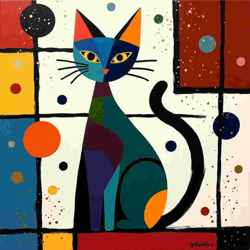Front and center, a stylized, abstracted cat emerges as the focal point of the birthday card. The cat's form is simplified to its essential shapes, with a triangular head and a body constructed from overlapping ellipses, reminiscent of Joan Miró's playful yet minimalist style. The cat is composed of bold, flat colors: the head is a deep cobalt blue, the ears are vivid orange triangles, and the body is a mix of emerald green and rich violet patches.

The background is a structured grid, akin to Piet Mondrian’s work, with intersecting horizontal and vertical lines that vary in thickness. The spaces between the lines are filled with primary colors—red, yellow, and blue—juxtaposed with black and white, creating a vibrant backdrop. This grid provides a rhythmic contrast to the organic form of the cat.

Overlaying the grid and cat, splatters of white and gold paint are applied in a manner echoing Jackson Pollock's energetic drip technique. These splatters add dynamic movement and a sense of spontaneity, with fine splashes reaching toward the edges of the card.

Around the cat and within the grid, small geometric shapes such as circles, squares, and triangles—echoing Wassily Kandinsky’s love for shapes—float, each filled with gradients transitioning from one bold color to another. These shapes appear to orbit the cat, suggesting the essence of a cosmic, celebratory scene.

In the upper right corner, a rectangle of rich, velvety burgundy reminiscent of a Rothko color field quietly anchors the eye, inviting viewers to explore the interplay of structured chaos below.

This abstract and colorful celebration of form and color creates a harmonious yet dynamic visual experience, with the cat as the centerpiece of a joyous birthday symphony of shapes and hues.
Generated with these themes: Cat.
Made with ❤️ by AI.