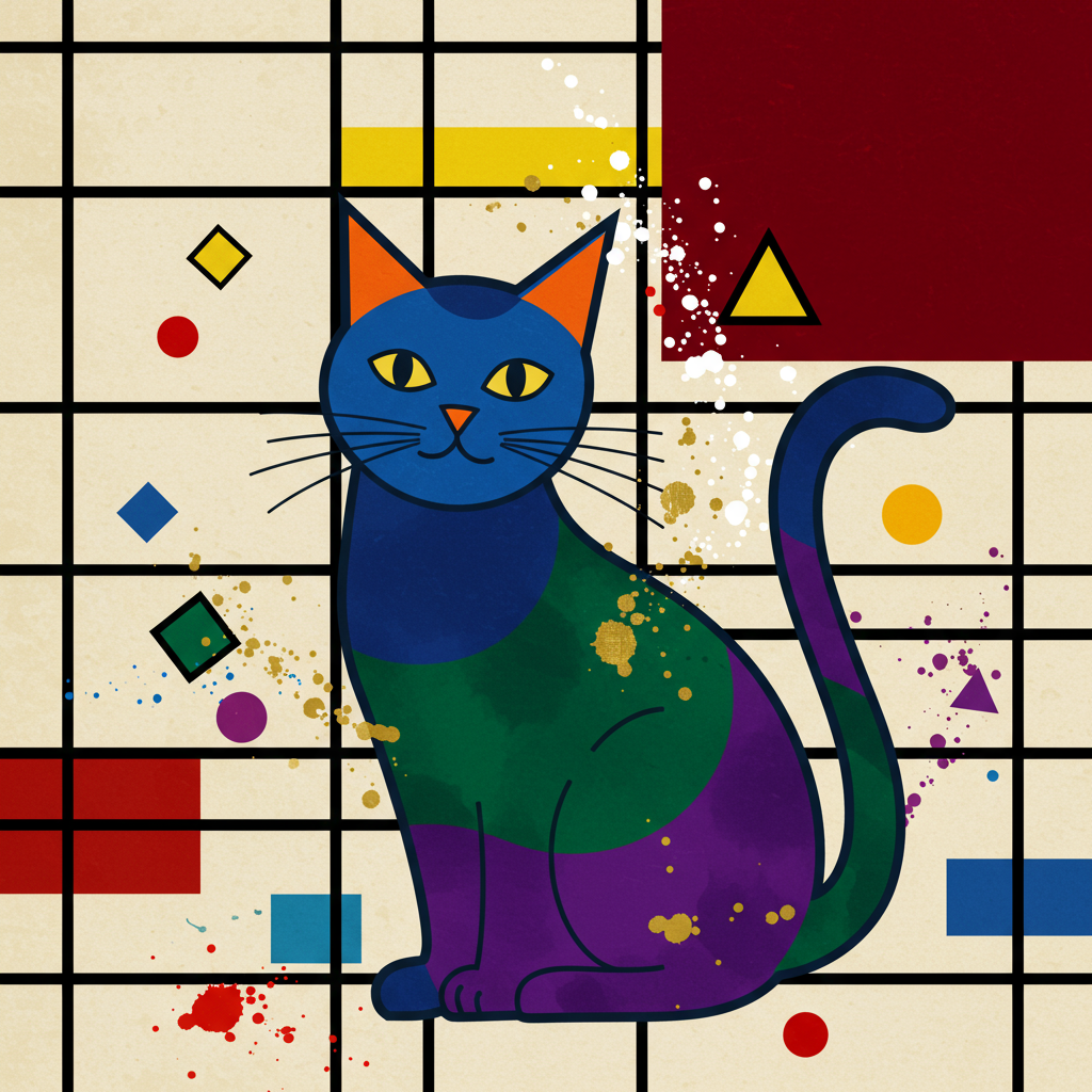 Front and center, a stylized, abstracted cat emerges as the focal point of the birthday card. The cat's form is simplified to its essential shapes, with a triangular head and a body constructed from overlapping ellipses, reminiscent of Joan Miró's playful yet minimalist style. The cat is composed of bold, flat colors: the head is a deep cobalt blue, the ears are vivid orange triangles, and the body is a mix of emerald green and rich violet patches.

The background is a structured grid, akin to Piet Mondrian’s work, with intersecting horizontal and vertical lines that vary in thickness. The spaces between the lines are filled with primary colors—red, yellow, and blue—juxtaposed with black and white, creating a vibrant backdrop. This grid provides a rhythmic contrast to the organic form of the cat.

Overlaying the grid and cat, splatters of white and gold paint are applied in a manner echoing Jackson Pollock's energetic drip technique. These splatters add dynamic movement and a sense of spontaneity, with fine splashes reaching toward the edges of the card.

Around the cat and within the grid, small geometric shapes such as circles, squares, and triangles—echoing Wassily Kandinsky’s love for shapes—float, each filled with gradients transitioning from one bold color to another. These shapes appear to orbit the cat, suggesting the essence of a cosmic, celebratory scene.

In the upper right corner, a rectangle of rich, velvety burgundy reminiscent of a Rothko color field quietly anchors the eye, inviting viewers to explore the interplay of structured chaos below.

This abstract and colorful celebration of form and color creates a harmonious yet dynamic visual experience, with the cat as the centerpiece of a joyous birthday symphony of shapes and hues.
Generated with these themes: Cat.
Made with ❤️ by AI.