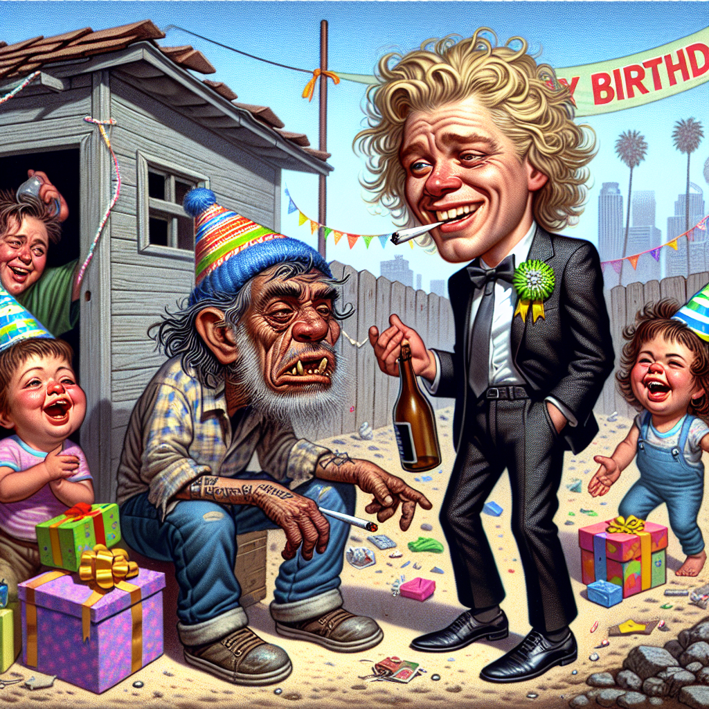 An amusing, birthday-themed illustration showcases a male comedian with sandy blonde hair and a slim build, appearing unwell, standing near a ramshackle shed on a newly constructed estate. Alongside him, a female dwarf of Hispanic descent, featuring curly brown hair and rotting teeth, admonishes him. Two little Caucasian girls laugh nearby, each clutching distinctively shaped, poorly wrapped gifts, which suggest their knack for choosing unusual presents. The comedian, holding a barely lit joint, seems to disregard the dwarf's complaints as he casually sips from a bottle, perfectly symbolizing the chaos of a ludicrous birthday celebration.
Generated with these themes: Uk comedian Sean lock but ill, Female dwarf with curly brown hair and rotting teeth, Marijuana joint, Shed , Two small girls, New build estate, Complaining, Drinking alcohol, and Buying bad presents.
Made with ❤️ by AI.
