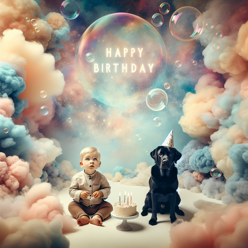 Imagine a whimsical realm where the backdrop is composed of cotton candy-like floating clouds, providing an enchantingly surreal setting for a first birthday celebration. The central point of interest is a Caucasian, one-year-old boy, sitting with eyes wide open, mesmerized by the magical surroundings. Standing loyally by his side is a black Labrador dog, a festive party hat slightly askew on its head, its tail wagging in a show of cheerful camaraderie. Above them, the message 'Happy Birthday' seizes attention, presented within effervescent, iridescent bubbles that pop in a captivating, gentle manner when touched.
Generated with these themes: 1 year old white son, Black labrador, and Happy birthday .
Made with ❤️ by AI.