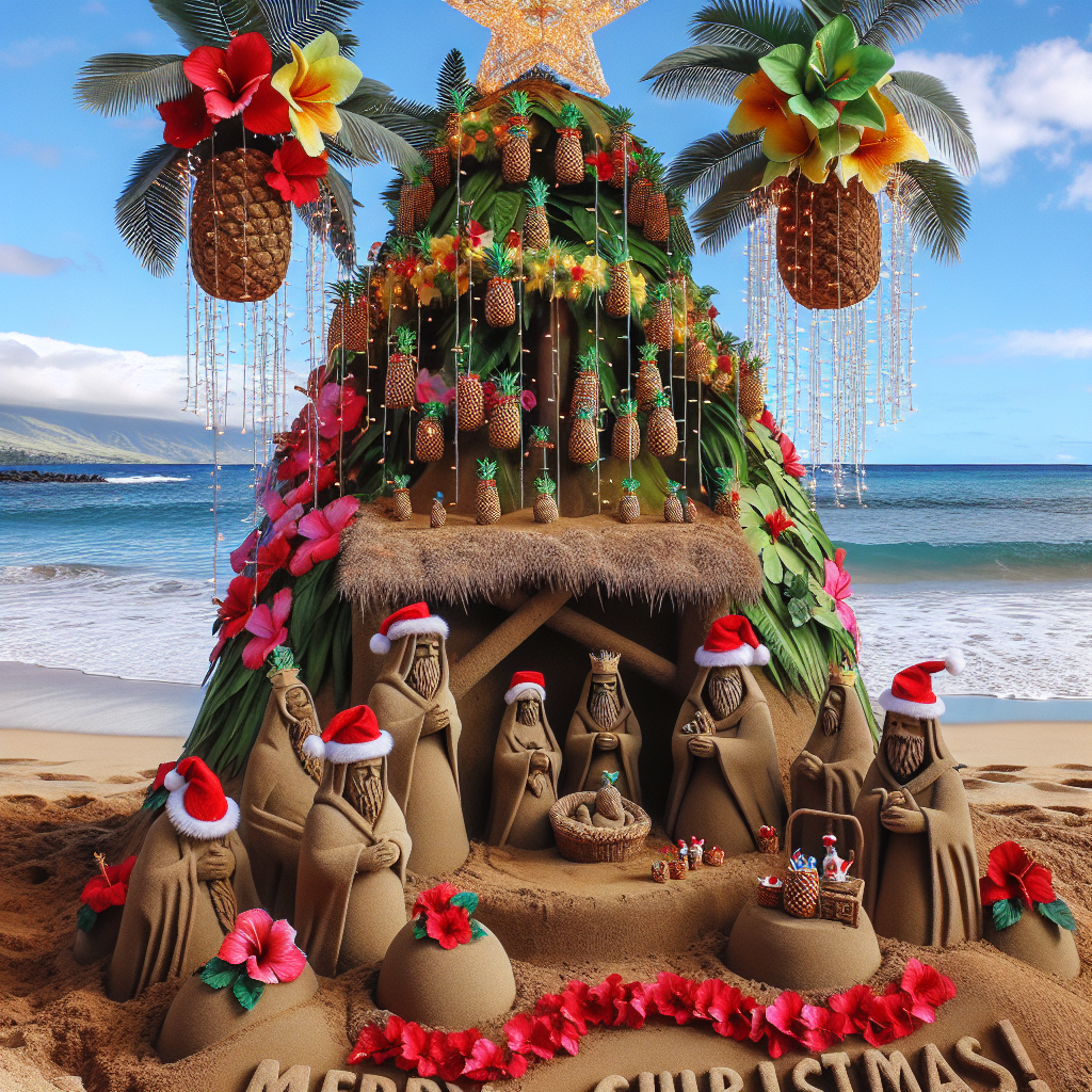 The Maui Christmas scene opens on a playful sandcastle nativity display, with each figure donning a tiny Santa hat and the Three Wise Men bearing miniature pineapples. Behind, a lush Christmas tree fashioned out of interwoven ferns and hibiscus flowers stands, its base wrapped in a vibrant tapa cloth skirt. String lights cascade down like a tropical waterfall spelling out the bright greeting, 'Merry Christmas!', while a gentle ocean wave adds a harmonious soundtrack to the holiday tableau.
Generated with these themes: Maui.
Made with ❤️ by AI.