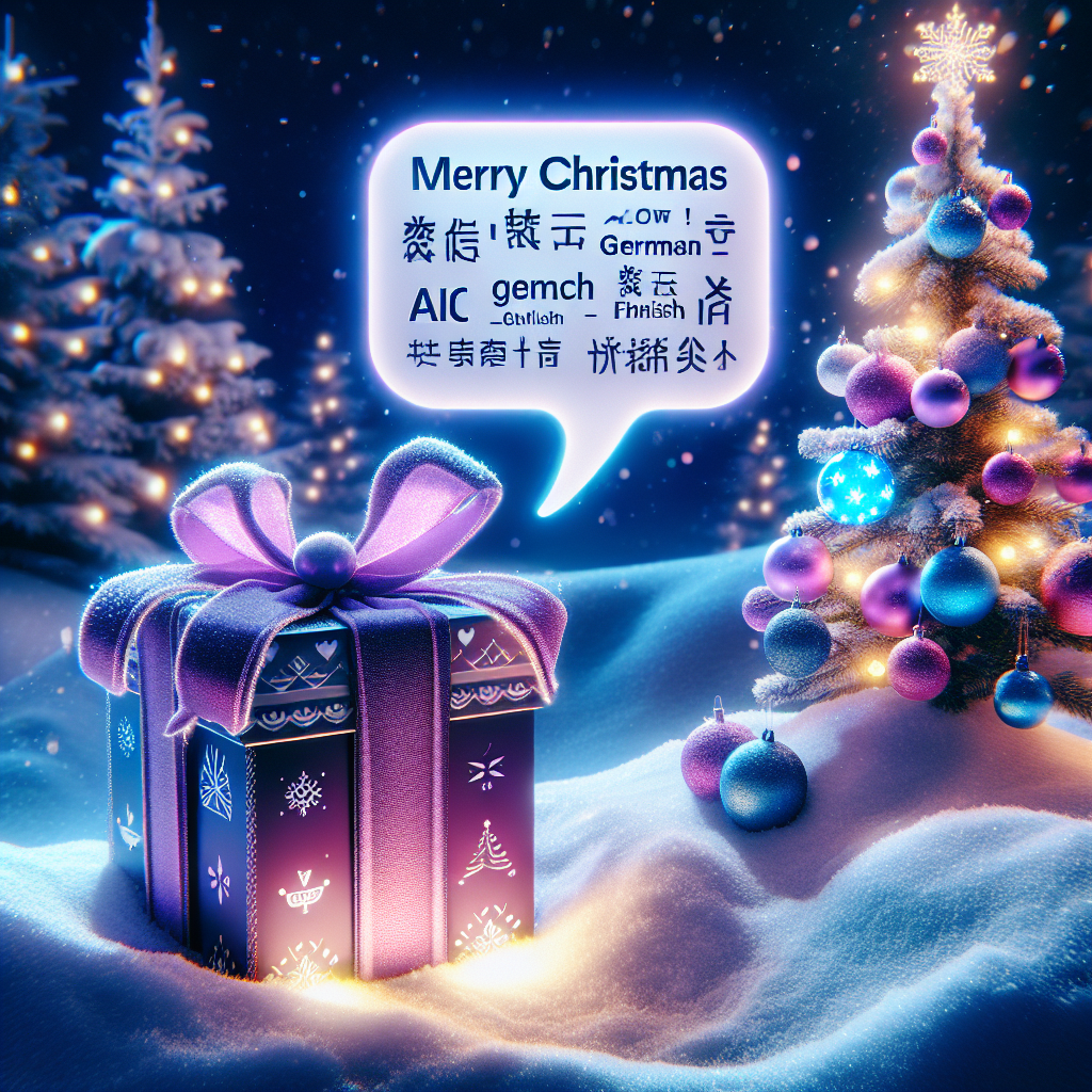 Giving the gift of AI translation for christmas , Cute present with words coming out of it that say - Merry christmas,Feliz Navidad, joyeux Noël, Frohe Weihnachten,圣诞节快乐, Hyvää Joulua,メリークリスマス, Colours purple and blue , and Snowy and christmas tree in background Christmas Card