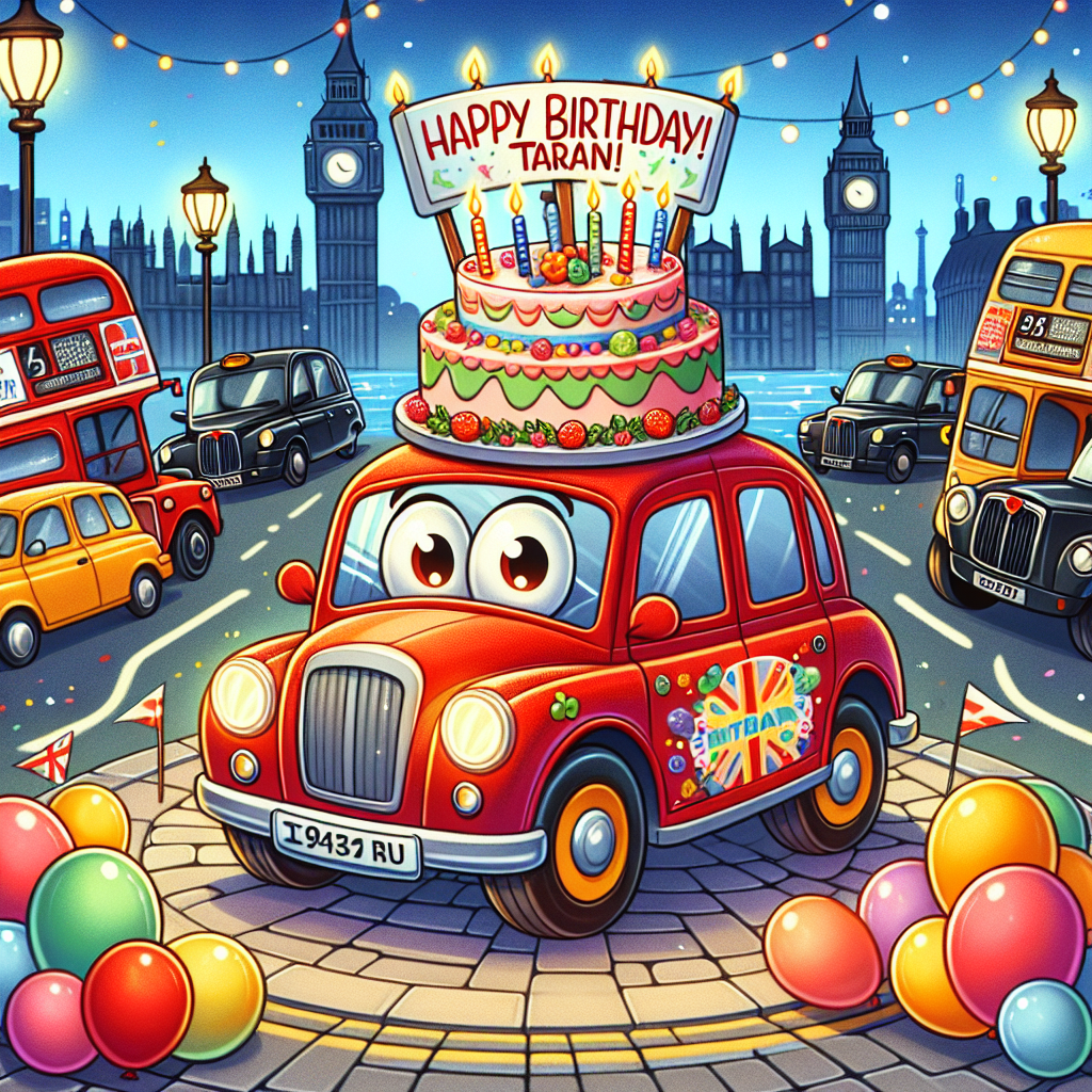Create an illustration that portrays a delightful birthday celebration taking place against the iconic London scenery, complete with famous red double-decker buses and black taxis. Centre the illustration on a vibrant cartoon automobile, dressed in bright colours, holding a sign that reads 'Happy Birthday Taran!' Surround the vehicle with lightly coloured balloons and, on top of the car, place a celebratory cake with candles. All of this is set under the gentle glow of the city lights of London.
Generated with these themes: Happy Birthday Taran, London, and Car.
Made with ❤️ by AI.
