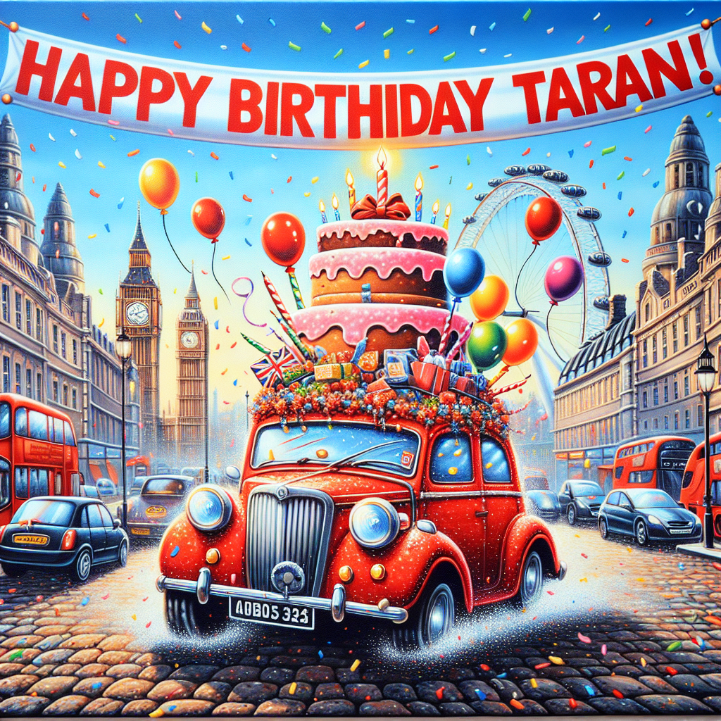 Witness an animated jubilant scene drenched in vivacious hues. A festive birthday banner showcases a note of celebration: 'Happy Birthday Taran!' Below this, the canvas of bustling London streets comes alive. In the midst of this hustle, you'll find a delightful red cartoon car, heartily draped with balloons and a scrumptious cake attached atop it. This whimsical vehicle takes centre stage, seemingly beeping in utter glee with iconic landmarks such as an illustrated version of Big Ben and the London Eye adding to the background. All this while, animated confetti joyfully dances downwards from the sunny sky.
Generated with these themes: Happy Birthday Taran, London, and Car.
Made with ❤️ by AI.