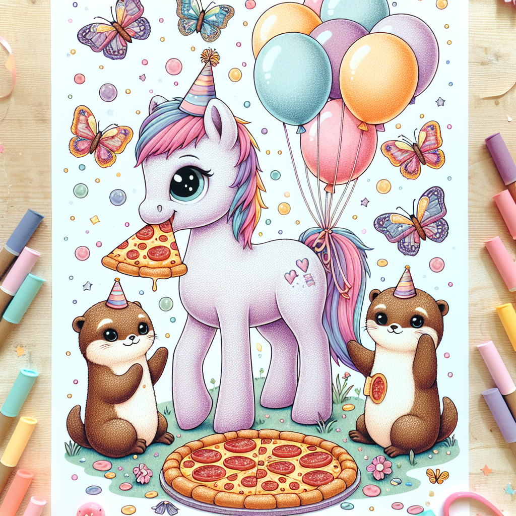 Craft a birthday scene in a whimsical style that features a pastel-colored pony at the center, its head adorned with a tiny birthday hat. Arrange playful otters around the pony, each holding a slice of pepperoni pizza in their paws. Above them, incorporate butterflies fluttering about, their wings shimmering, contributing a sprinkle of magic. Denote a festive atmosphere by filling the background with vibrant balloons of various colors and sizes floating about and confetti strewn around. The color palette is predominantly composed of pastel shades, adding to the overall merriment.
Generated with these themes: Pony, Pizza, Otters, and Butterfly .
Made with ❤️ by AI.