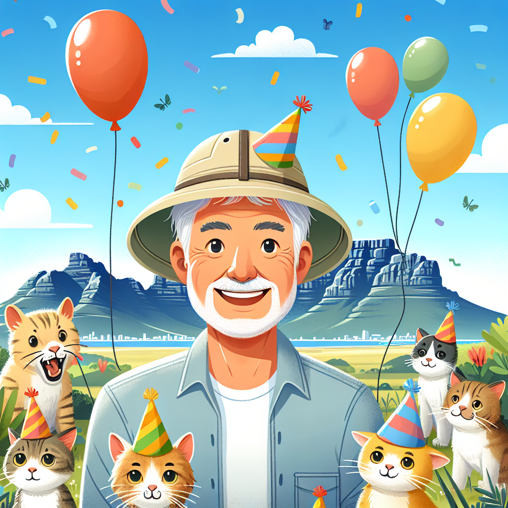 Create a lighthearted birthday illustration that showcases a senior Caucasian man with a full head of grey hair, a broad smile, and wearing a safari hat. He's surrounded by a collection of playful cats, each wearing colorful party hats. In the background, a picturesque South African landscape unfolds, featuring a silhouette of Table Mountain under a bright blue sky. A handful of balloons are included in the scene, drifting towards the horizon.
Generated with these themes: Cats, South Africa, and Older Gentleman.
Made with ❤️ by AI.