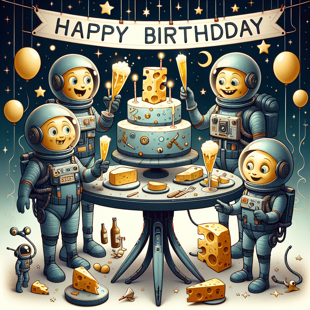 In this charming birthday illustration, we see a whimsical interpretation of a space exploration-themed celebration. A group of three interstellar astronauts, depicted with lovable exaggerated features, are gathered around a sleek, space-age table. They make a toast with tall glasses filled with effervescent golden drink, the bubbles intriguingly floating upwards due to the zero-gravity environment. The table is artistically adorned with an assortment of cheeses, intriguingly shaped like various symbols from popular space exploration narratives, bringing a distinctive and appetizing element to the party. Above them, a banner flutters with the words 'Happy Birthday' in a classic typeface reminiscent of beloved science fiction media.
Generated with these themes: Star trek, Beer, and Cheese.
Made with ❤️ by AI.