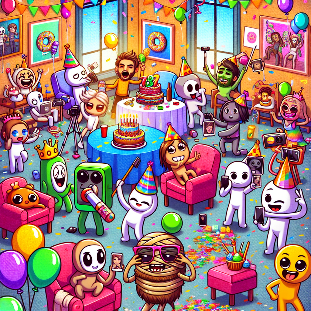 A vibrant picture displaying a room decorated in a festive manner, filled with confetti and balloons. There are numerous endearing fictional characters taking selfies. Some are making humorous expressions, while others are displaying peace signs. The core of the image presents figures dancing to the rhythm of catchy dance challenges, reminiscent of internet trends. The setting features a table overflowing with various sweets like cupcakes and lollipops, contributing a delightful element. In a corner, a cartoon mummy figure prepares a selfie booth, garnishing it with props themed for a birthday celebration, all set for creating memorable snapshots.
Generated with these themes: Selfies , Dancing , Tiktok, Sweets, and Mummy.
Made with ❤️ by AI.