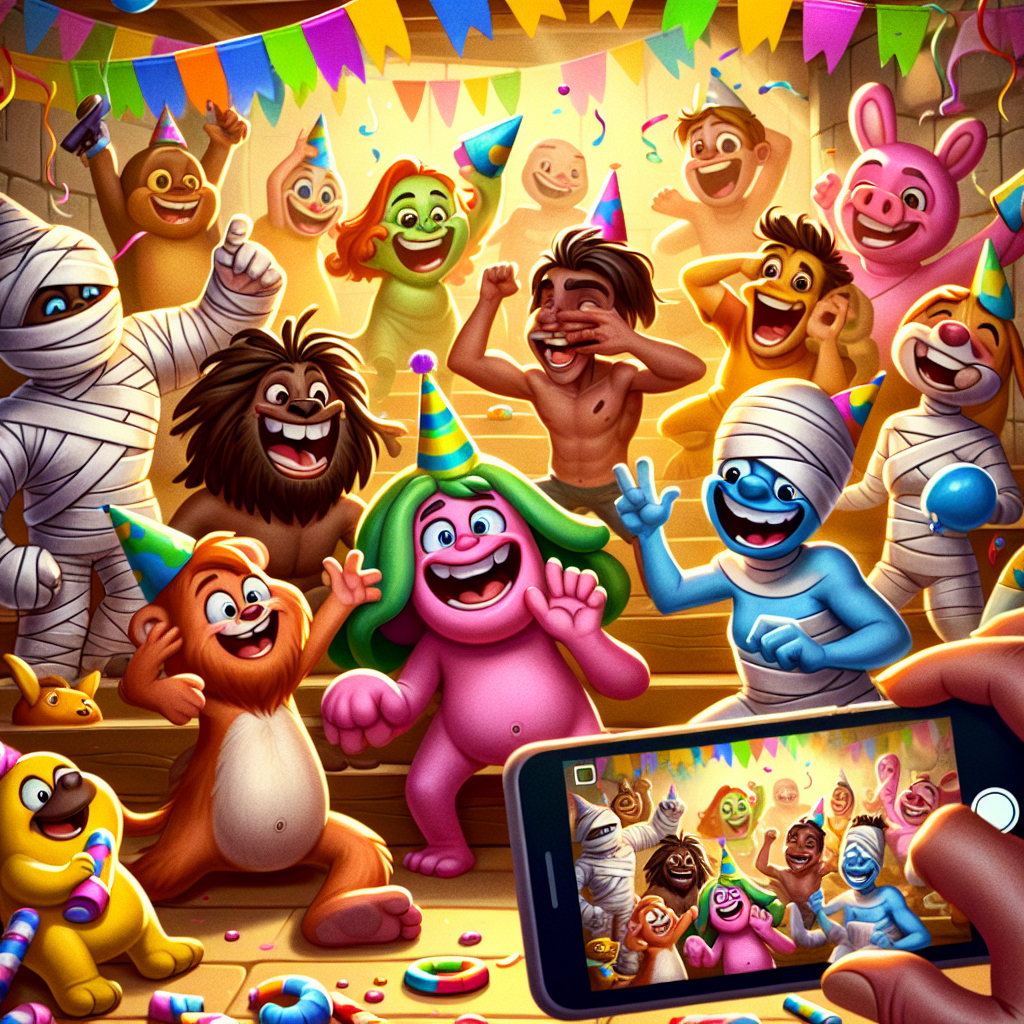 Envision a vibrant, cartoon-styled birthday-themed setting filled with warmth and joy. Within this lively atmosphere, an array of cartoon animals are taking selfies, each grinning broadly as they hold a smartphone. Central to the scene, a diverse group of friends can be seen dancing merrily, the strokes of their movements illustrated with fluid lines to suggest motion. Candy and sweets lie scattered around, contributing to the celebratory mood. In the background, a mythical cartoon creature in bandages is seen amusingly pursuing laughing children, wrapping them up in playful streamers. For context, they are recording a short fun video, denoted by a universally recognized clapboard symbol.
Generated with these themes: Selfies , Dancing , Tiktok, Sweets, and Mummy.
Made with ❤️ by AI.