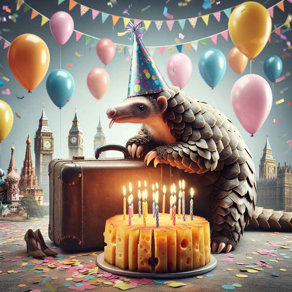 Create a humorous image of a pangolin wearing a party hat and sitting on a suitcase. Let the pangolin be surrounded by an array of vibrant balloons and falling confetti, exuding a playful and joyous atmosphere. In the backdrop, subtly blend in recognizable landmarks from around the world to add a touch of globetrotting adventures. Towards the foreground, introduce a quirky cheese wheel cake garnished with lit candles, adding an amusing twist from the traditional birthday cake. The pangolin is posed as if it's about to blow out the candles, encapsulating a blend of laughter, celebration, and wanderlust.
Generated with these themes: Pangolin, Travelling, and Cheese.
Made with ❤️ by AI.