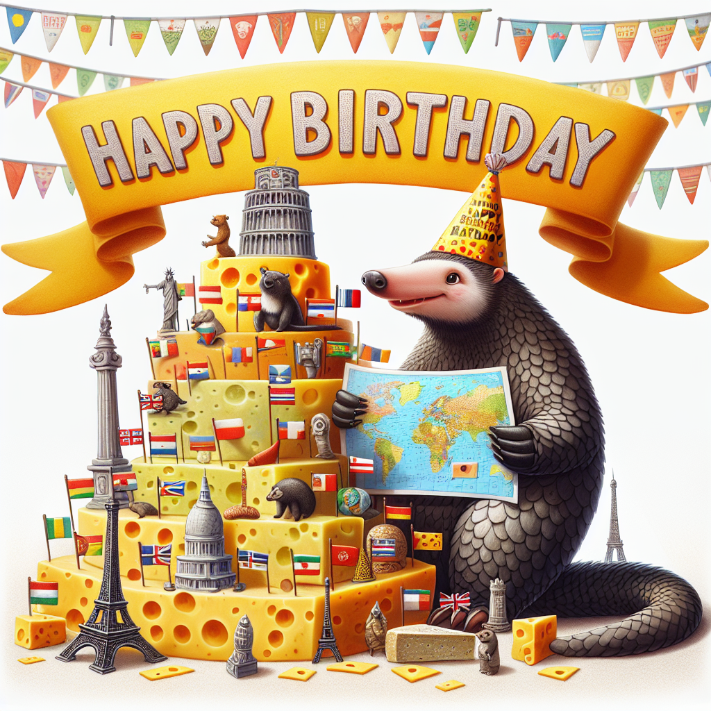 Visualize a whimsical scene in which a delighted pangolin wears a birthday cap and securely holds a map with various travel routes outlined on it. The pangolin stands beside an amusingly tall pile of diverse cheeses, studded with miniature flags representing numerous countries from around the globe. Behind all of this, a decorative banner ripples in the wind, boasting the cheerful proclamation 'Happy Birthday'. Each letter of this birthday greeting perches on a distinctive iconic monument from various parts of the world, adding a dash of humorous global exploration to the overall atmosphere and theme of the scene.
Generated with these themes: Pangolin, Travelling, and Cheese.
Made with ❤️ by AI.