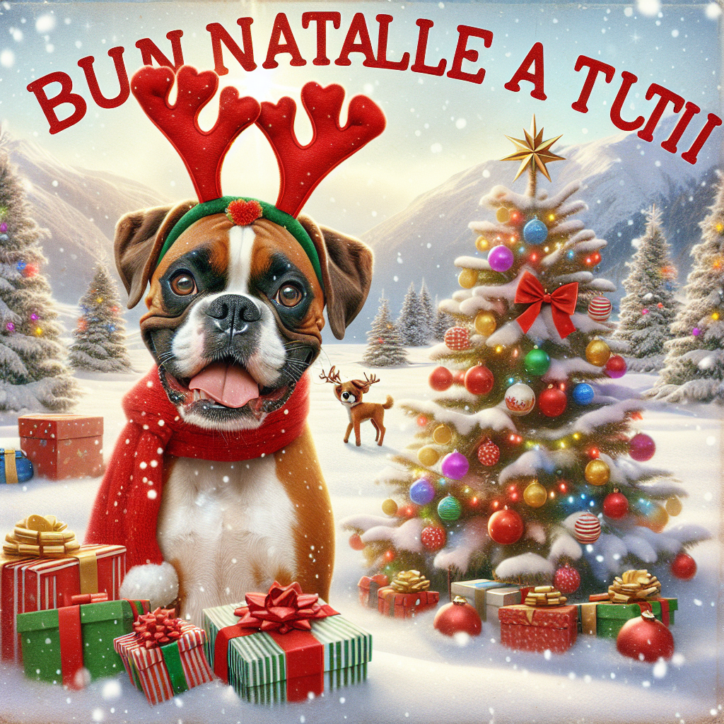 A snowy landscape serves as the backdrop for a heartwarming Christmas scene, where a cheerful cartoon boxer dog, adorned with reindeer antlers and a red nose, playfully poses beside a festively decorated Christmas tree. Wrapped gifts and colorful ornaments dot the landscape, while the twinkling lights gently illuminate the dog's smiling face. Overhead, the text 'Buon Natale a tutti' is written in a playful, festive font, capturing the joyous spirit of the holiday season.
Generated with these themes: Boxer.
Made with ❤️ by AI.