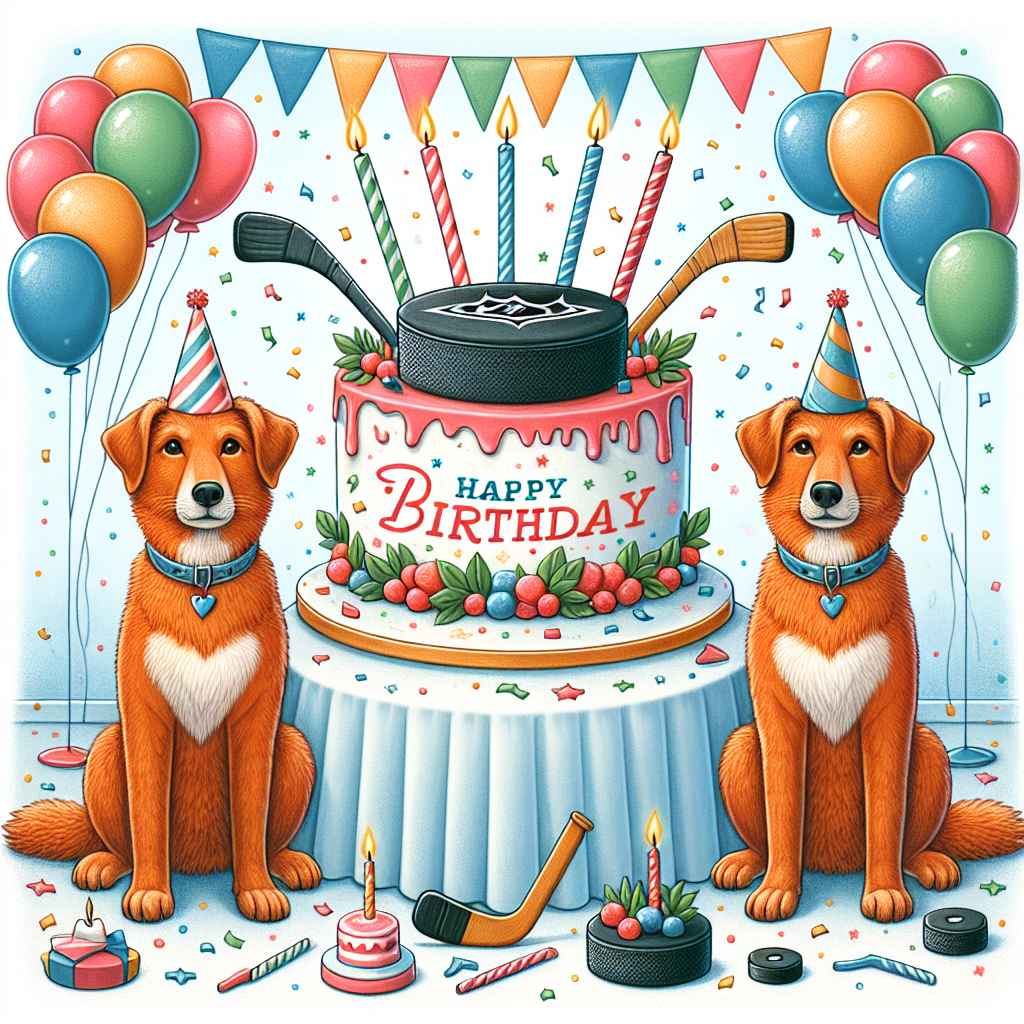 A delightful birthday-themed illustration that captures the essence of a hockey-themed celebration. Centered is a frosted birthday cake adorned with hockey sticks and a puck as toppers, sitting on a festively decorated table. Around this central piece are two slender red fox Labradors, who are equipped with party hats, looking eager and joyous. The whole scene is further sprinkled with an array of multi-colored balloons and a shower of confetti, lending an air of jubilation and excitement.
Generated with these themes: Two slim Red fox labradors, and Hockey.
Made with ❤️ by AI.