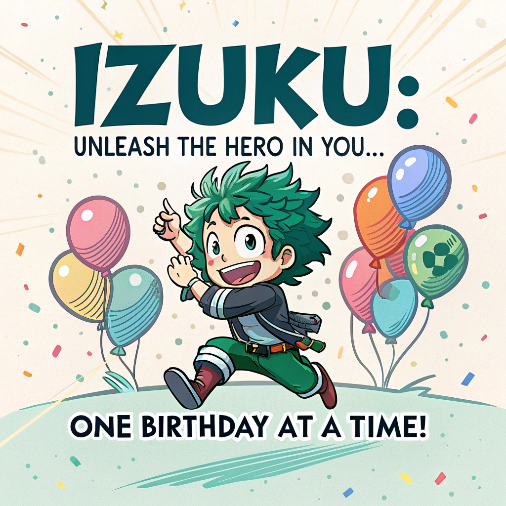 At the top of the image, "Izuku:"

   At the bottom of the image, "Unleash the Hero in You... One Birthday at a Time!"

   - In the center of the image, illustrate a vibrant cartoon scene featuring a heroic character with green, spiky hair striking a dynamic pose. He’s surrounded by playful confetti and balloons, with exaggerated expressions of joy and determination. His eyes gleam with excitement as if ready to leap into action, embodying both a birthday celebrant and a true hero.
Generated with these themes: Hero, and .
Made with ❤️ by AI.