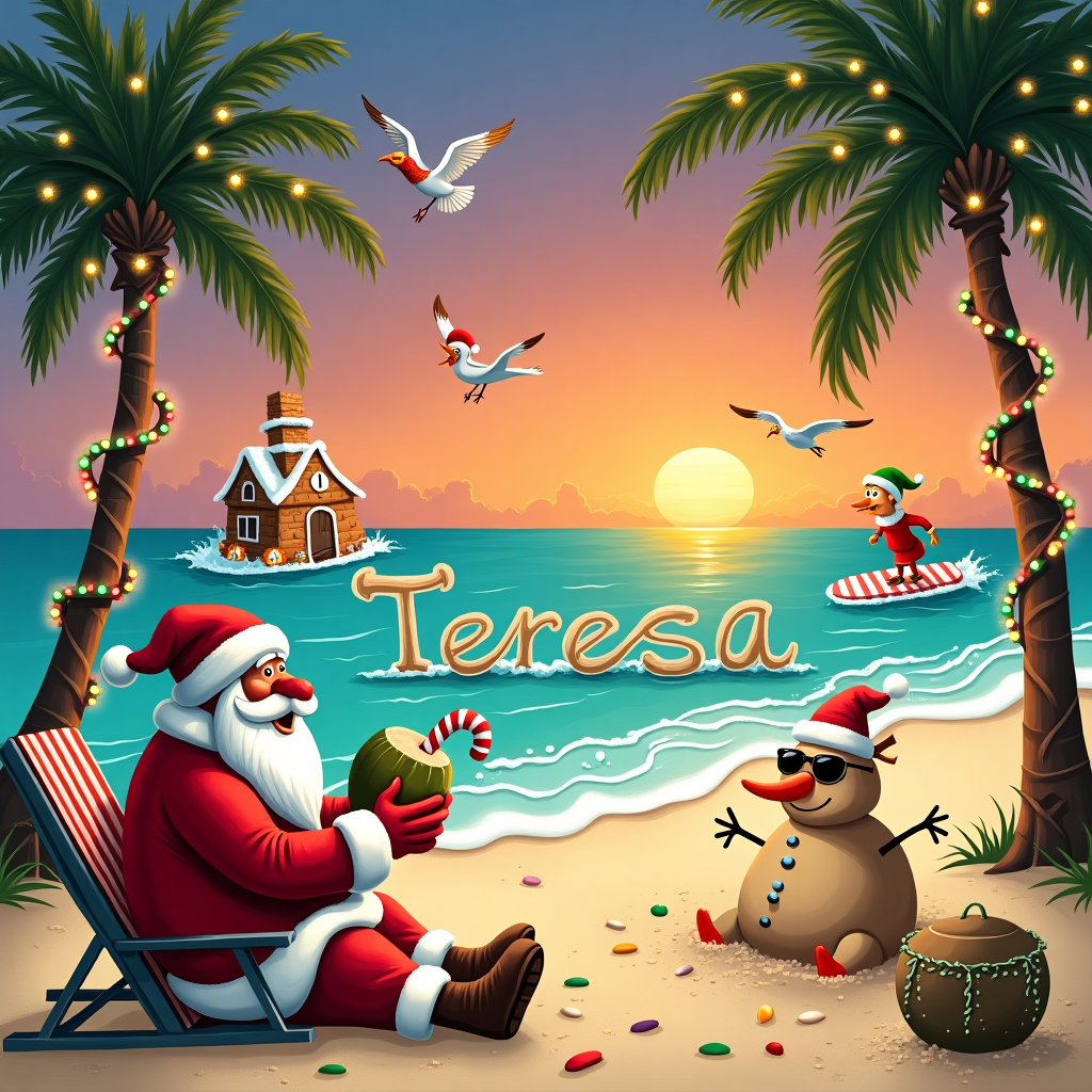 On this quirky Christmas greeting card, the scene unfolds at a whimsical beach, where holiday traditions meet sandy shores with a unique twist. In the foreground, Santa Claus, dressed in his classic red suit but with rolled-up sleeves and shorts, is joyously building a snowman made entirely of sand. Instead of the traditional coal eyes, the sandman is adorned with seashells, and a bright red starfish serves as its nose. Beside him, a reindeer with sunglasses lounges on a beach chair, sipping from a coconut with a striped straw. Above them, seagulls replace the usual Christmas robins, wearing tiny Santa hats as they glide across the sky. 

The backdrop is a serene, turquoise ocean where elves are seen surfing on candy cane surfboards, their green hats miraculously staying in place. In the distance, a sandcastle shaped like a gingerbread house stands majestically, complete with icing-like decorations made from seafoam. Palm trees are draped in twinkling fairy lights, and baubles hang from their fronds, swaying gently in the breeze. 

The name "Teresa" is cleverly integrated into the scene, spelled out by the waves gently lapping onto the shore, the letters forming perfectly in the foam before they recede back into the ocean. The sky is a vivid canvas of orange and purple as the sun sets, painting the scene with a festive glow, reminiscent of Maxfield Parrish's enchanting color palette. This playful tableau blends the enchantment of Christmas with the relaxed atmosphere of the beach, offering Teresa a unique holiday greeting that captures the spirit of both worlds.
Generated with these themes: beach.
Made with ❤️ by AI.
