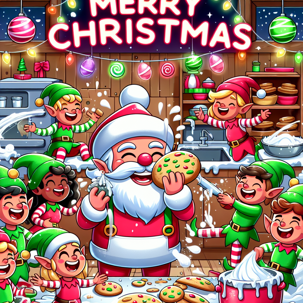 A rollicking Christmas cartoon depicts elves and Santa in a confectionary workshop kitchen. Santa is doubling over with laughter as his elves engage in a flour fight, while they attempt to bake cookies for the holidays. The walls and counters are comically splattered with dough and frosting, and amidst the mayhem, 'Merry Christmas' shines brightly in blinking neon lights.
Generated with these themes: People , and Cooking .
Made with ❤️ by AI.